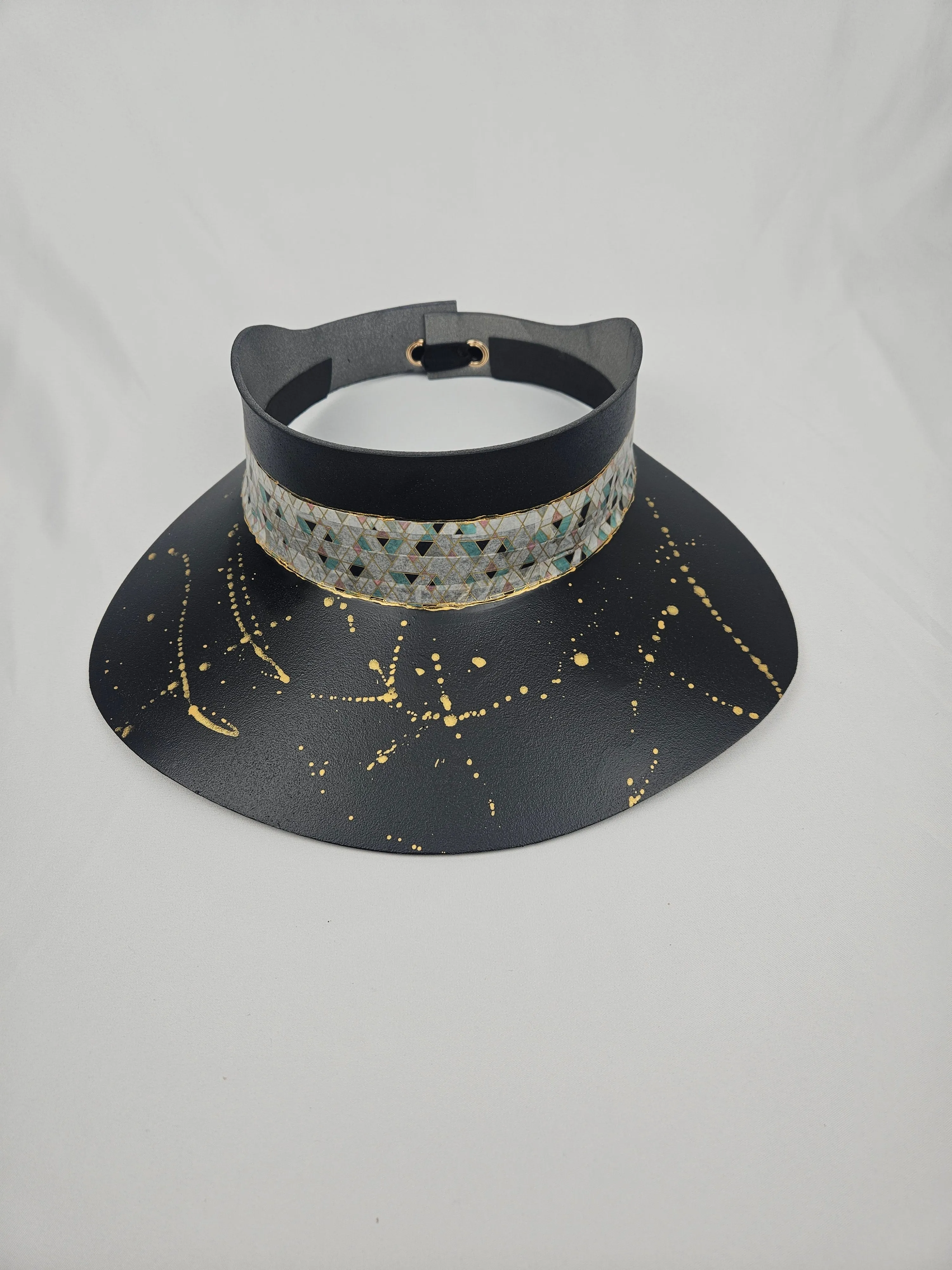 Tall Black "LadyEVA" Visor Hat with Geometric Band and Golden Paint Splatter