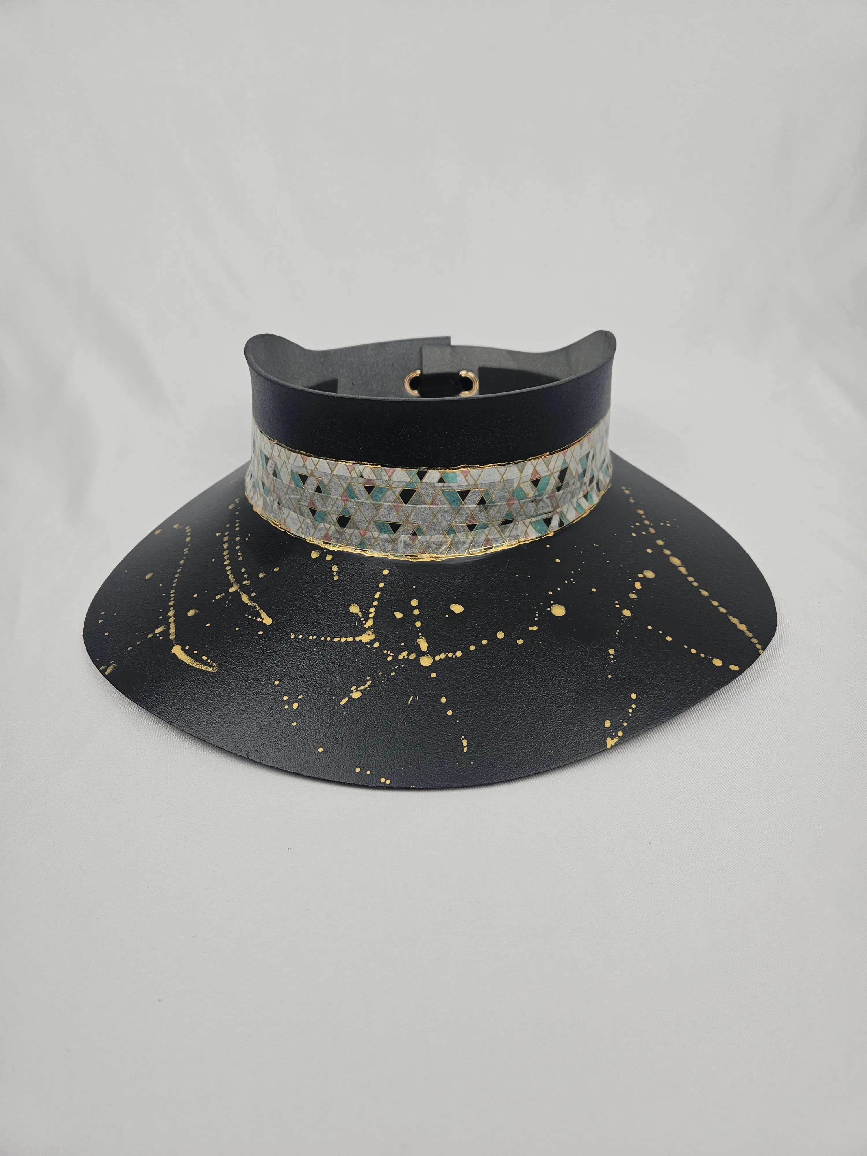 Tall Black "LadyEVA" Visor Hat with Geometric Band and Golden Paint Splatter