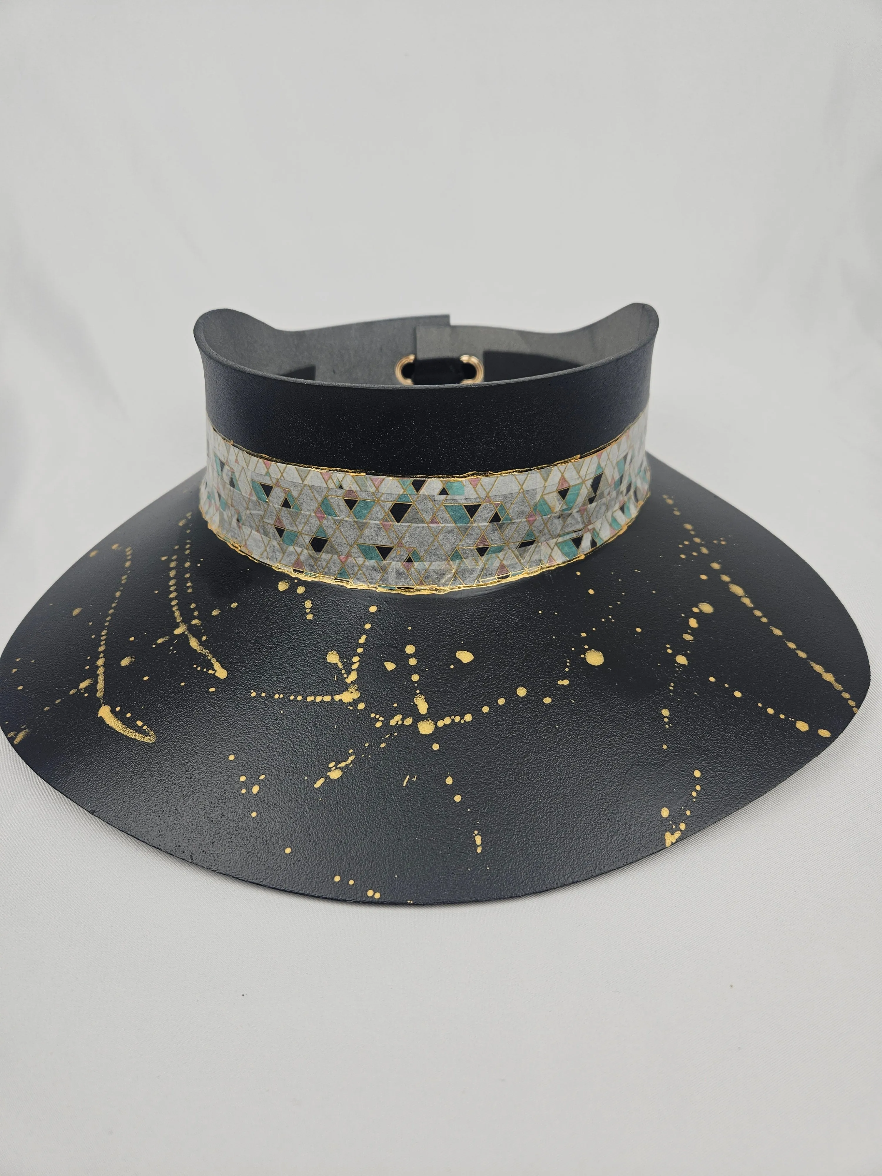 Tall Black "LadyEVA" Visor Hat with Geometric Band and Golden Paint Splatter