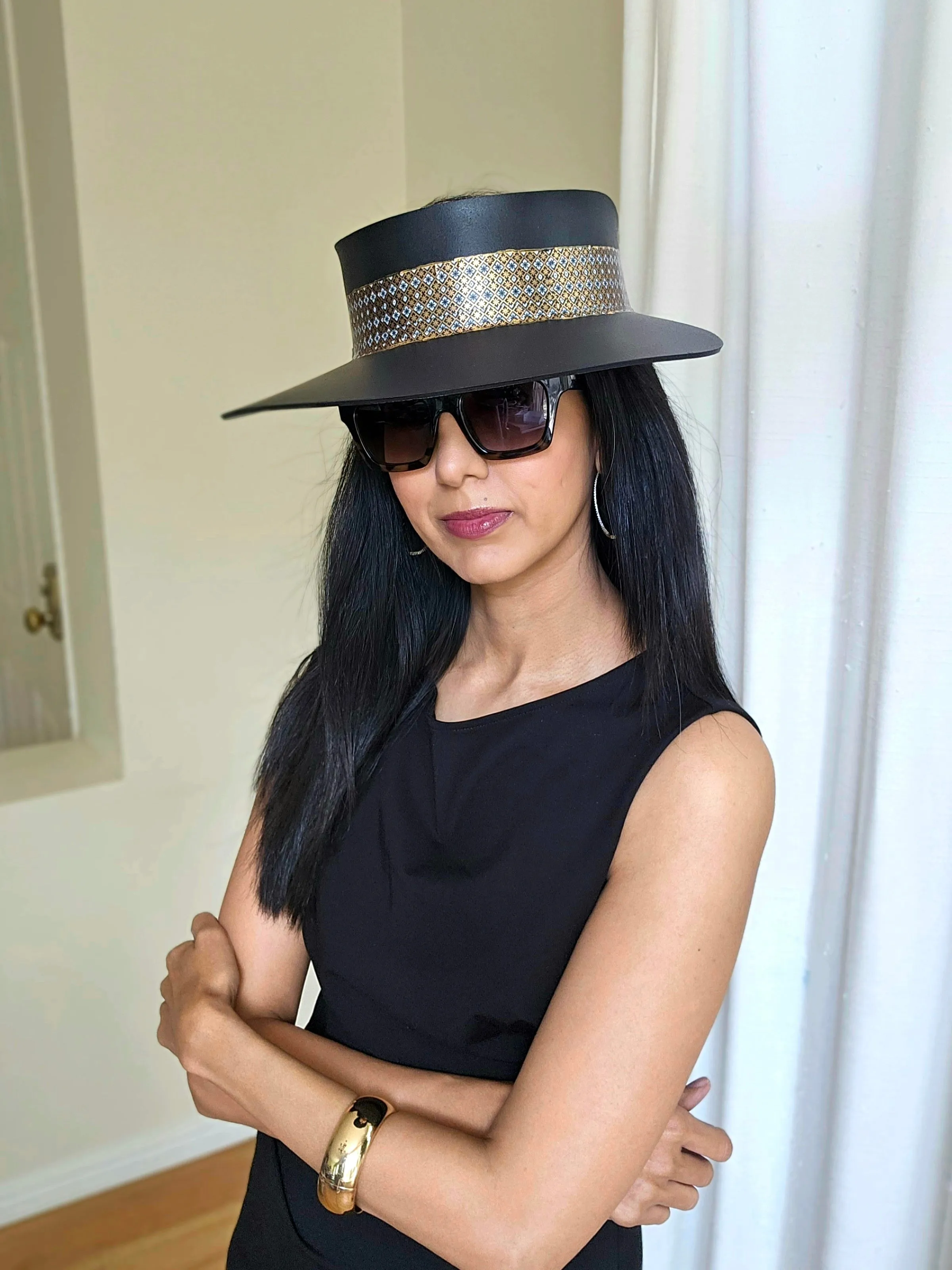 Tall Black "LadyEVA" Visor Hat with Gold and Silver Graphic Band