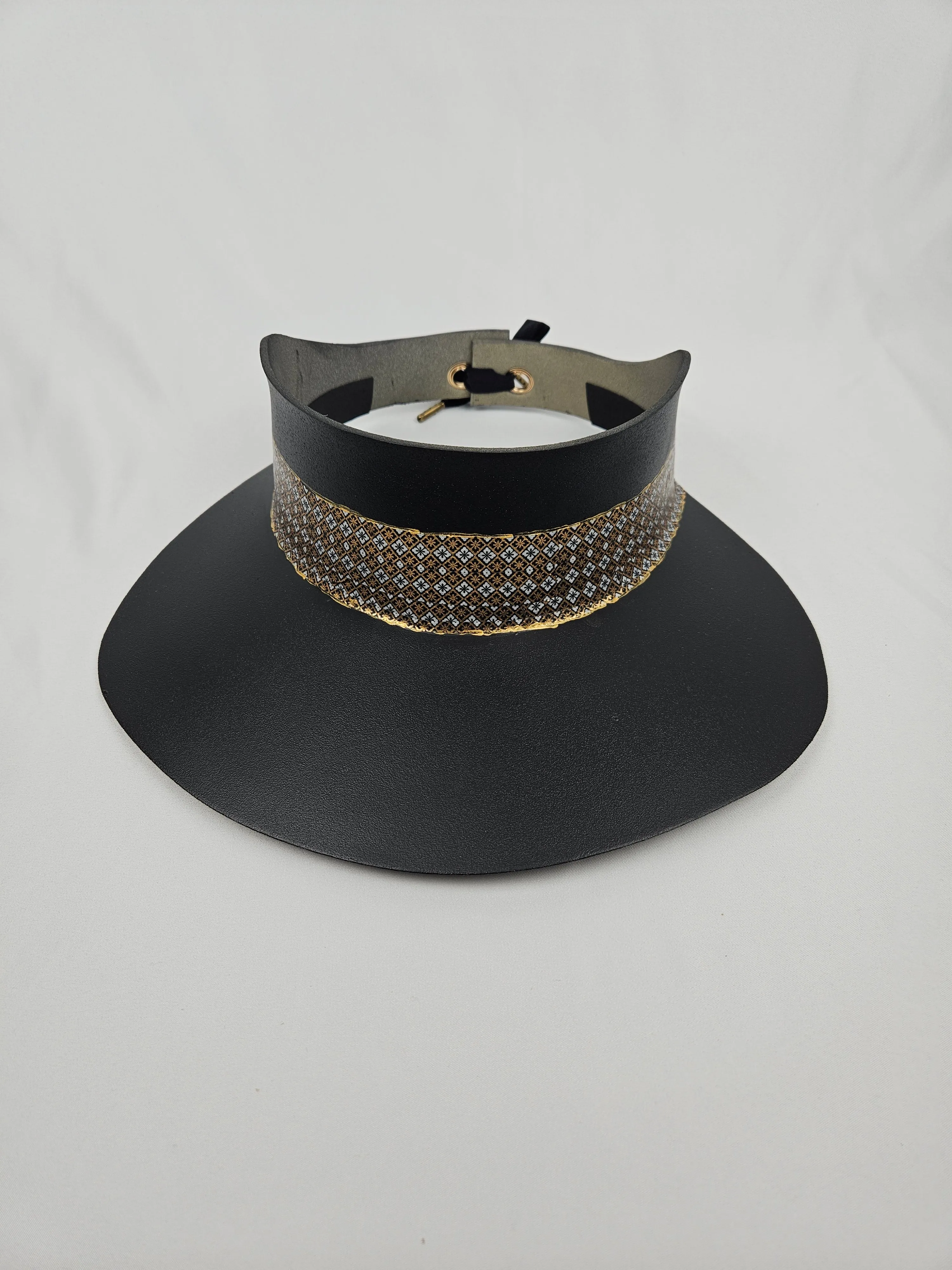 Tall Black "LadyEVA" Visor Hat with Gold and Silver Graphic Band