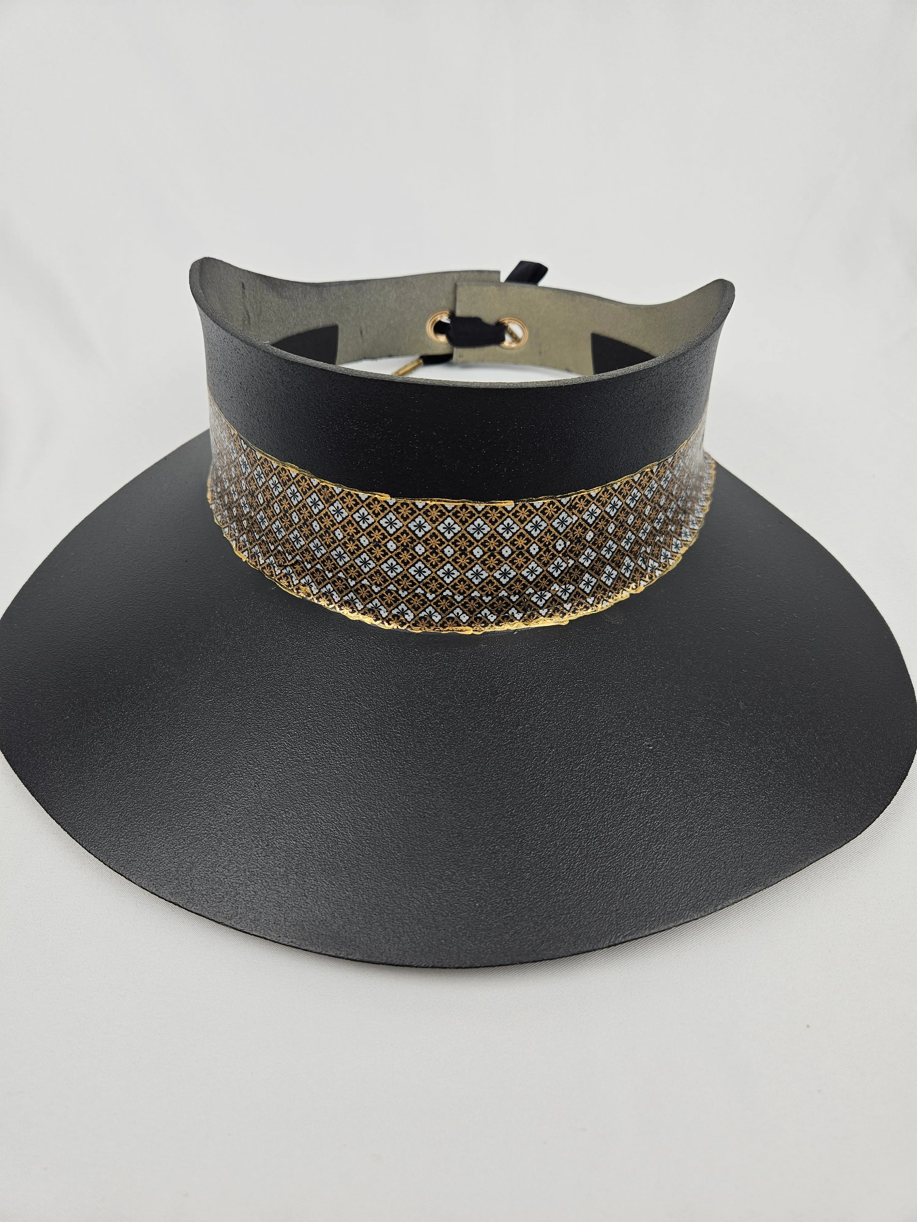 Tall Black "LadyEVA" Visor Hat with Gold and Silver Graphic Band