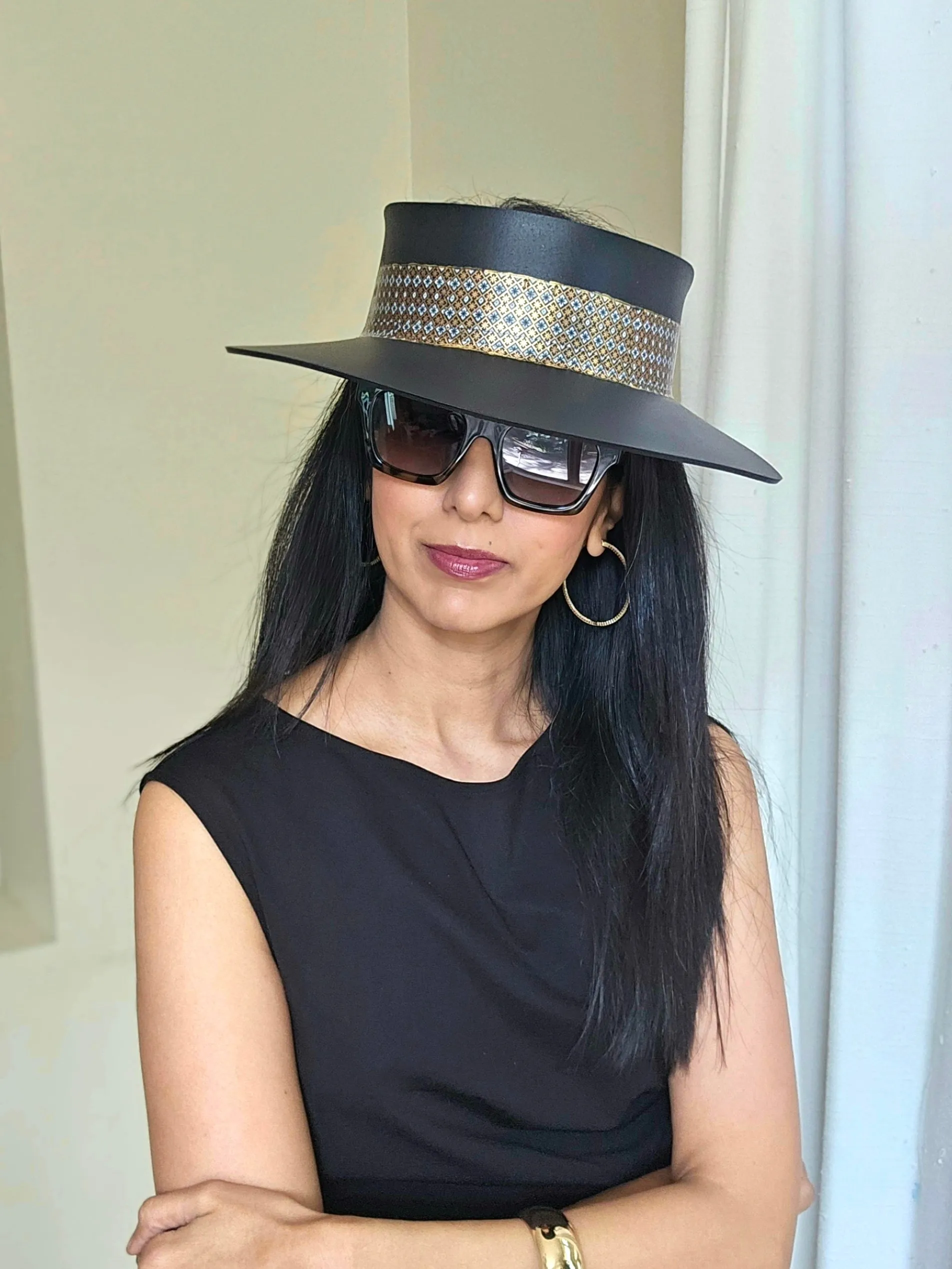 Tall Black "LadyEVA" Visor Hat with Gold and Silver Graphic Band