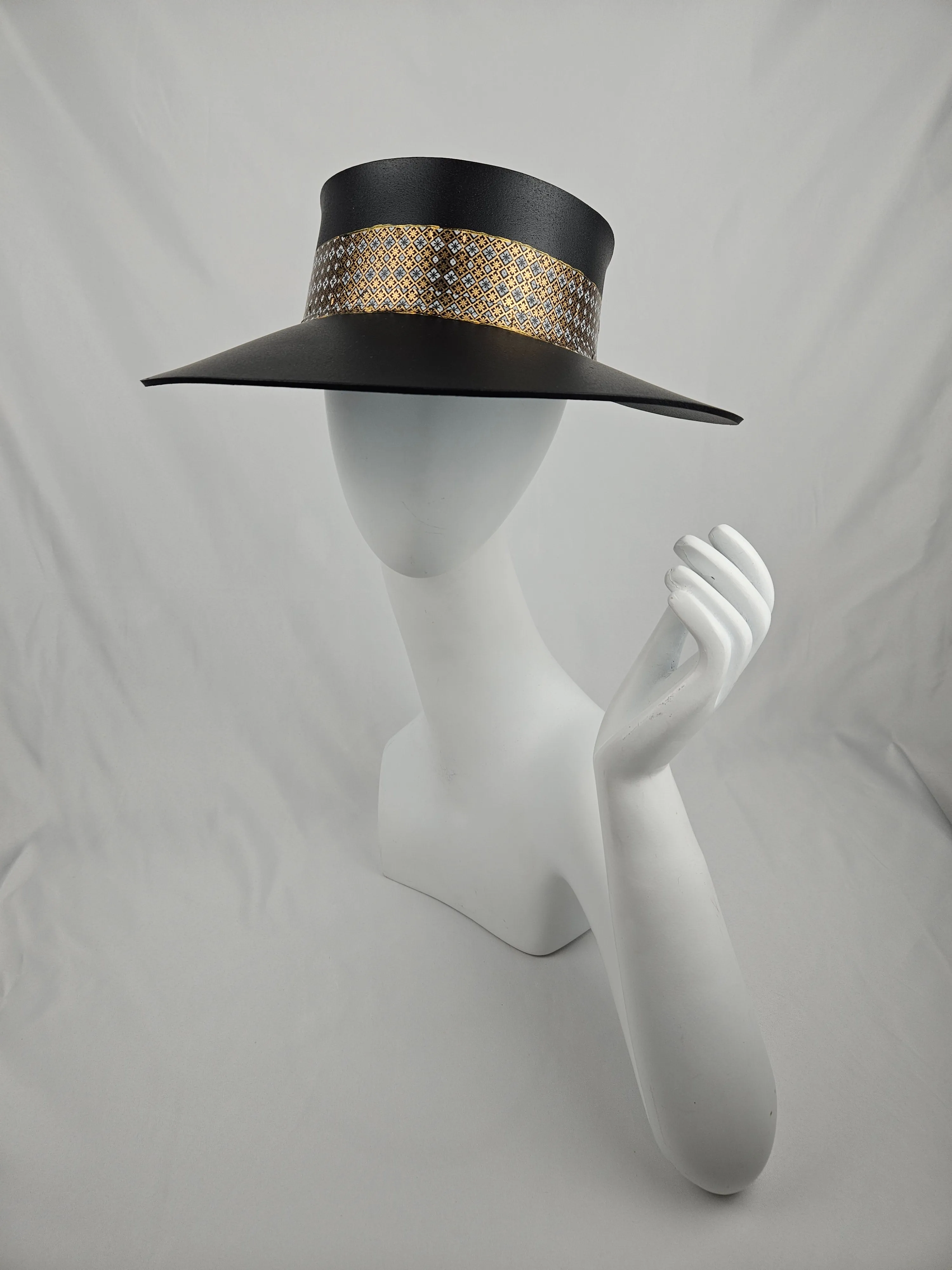 Tall Black "LadyEVA" Visor Hat with Gold and Silver Graphic Band