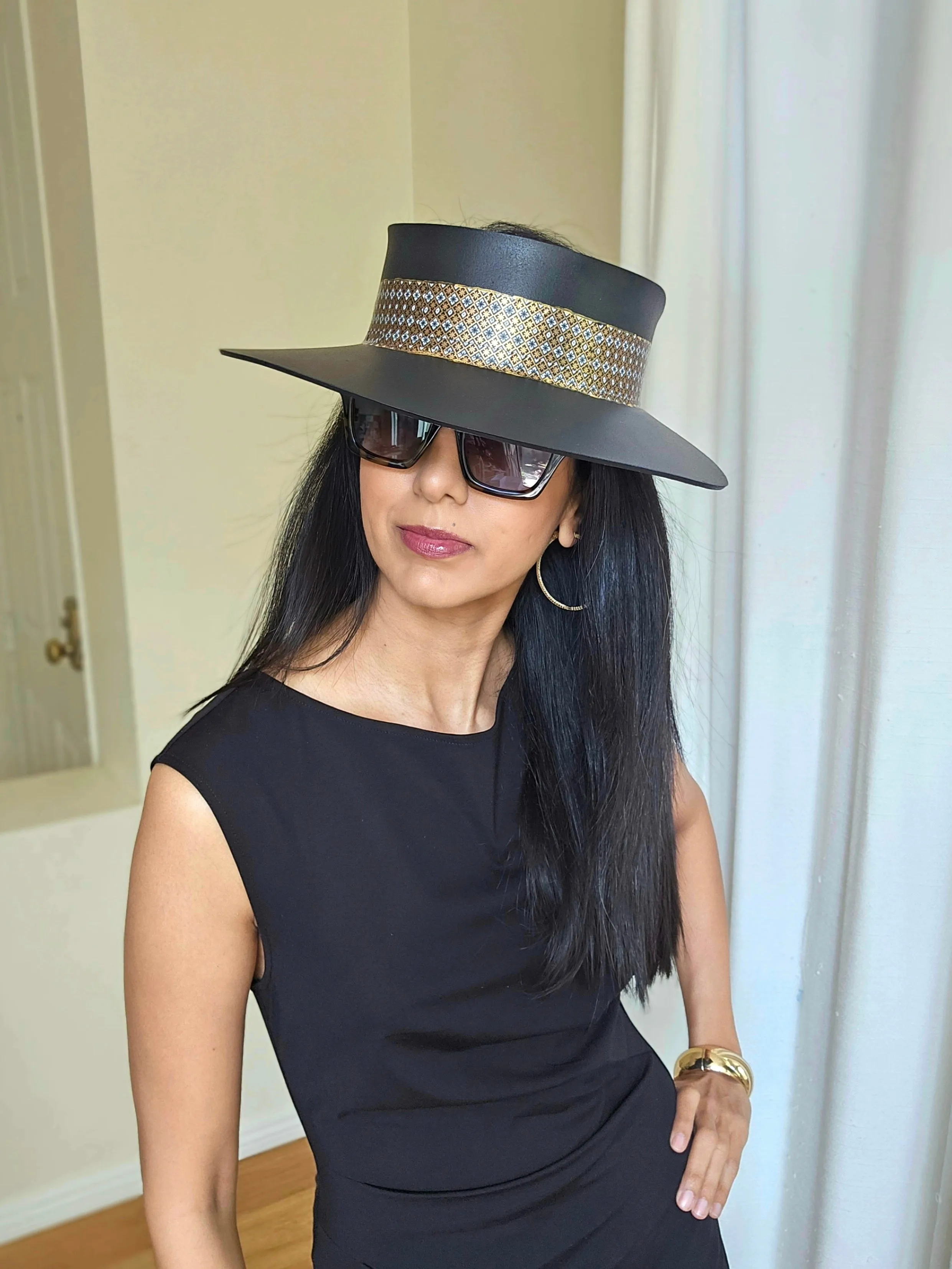 Tall Black "LadyEVA" Visor Hat with Gold and Silver Graphic Band