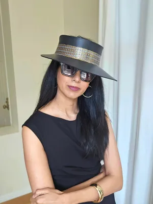 Tall Black "LadyEVA" Visor Hat with Gold and Silver Graphic Band