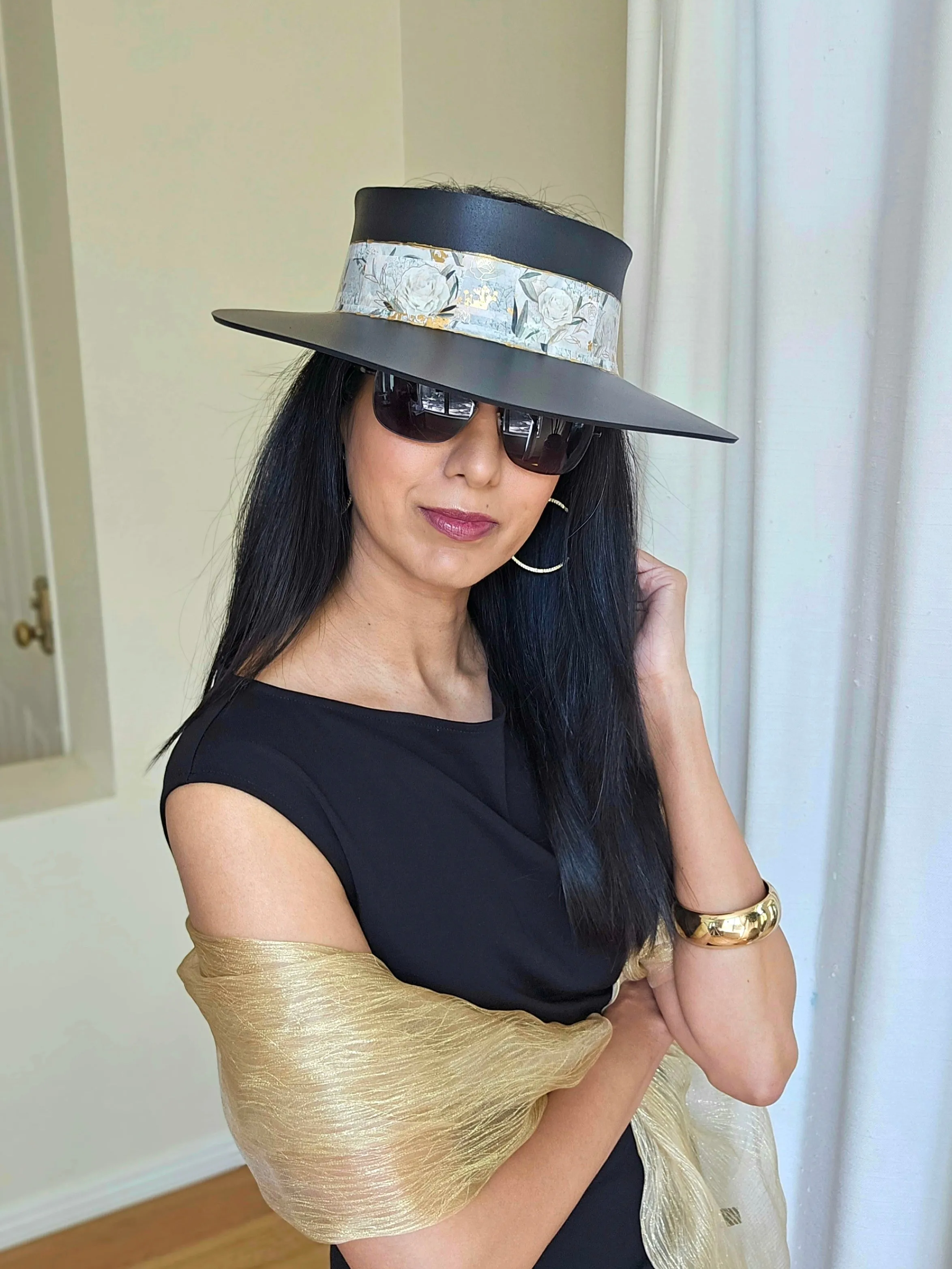 Tall Black "LadyEVA" Visor Hat with Golden and White Floral Band