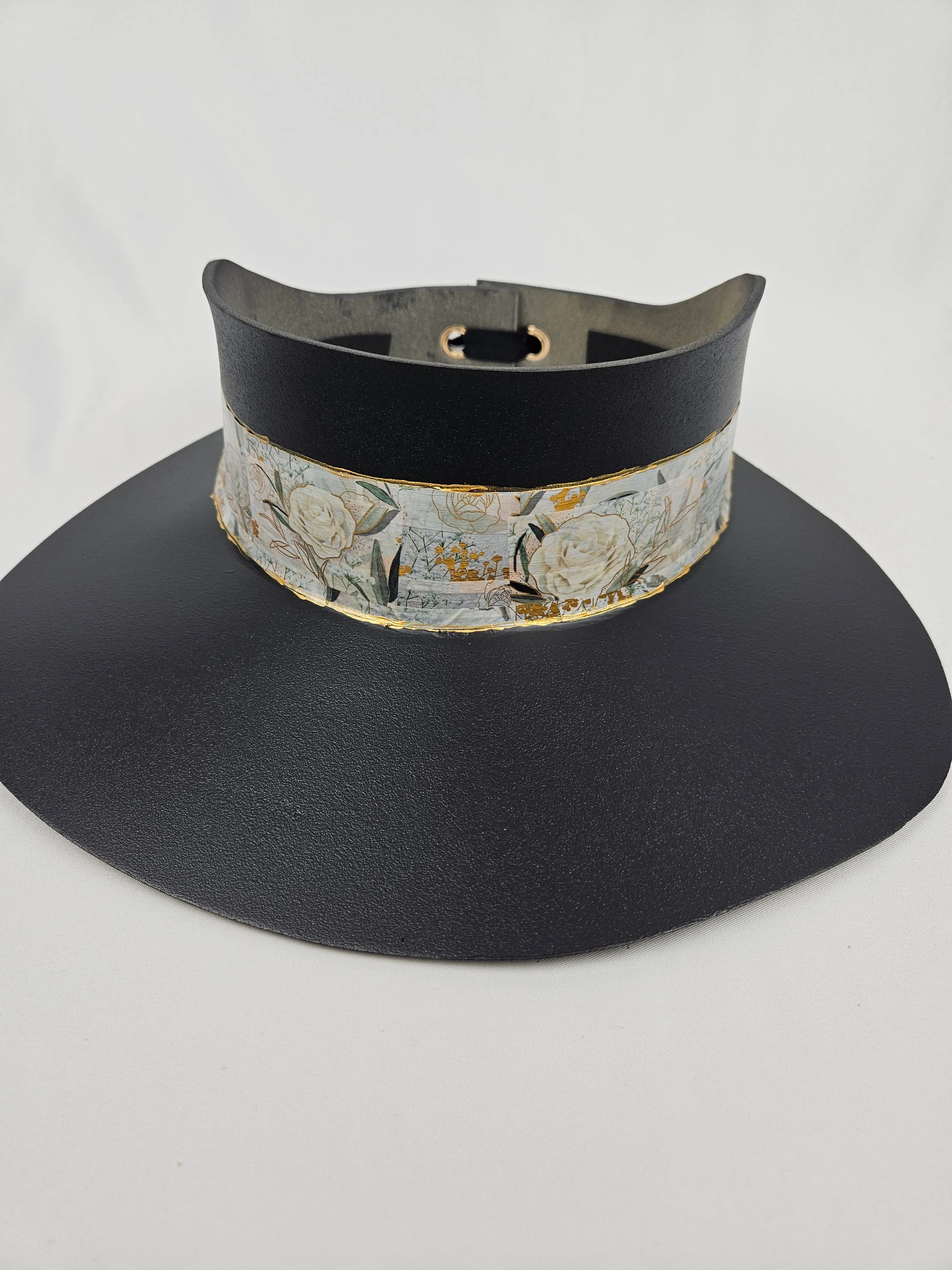 Tall Black "LadyEVA" Visor Hat with Golden and White Floral Band