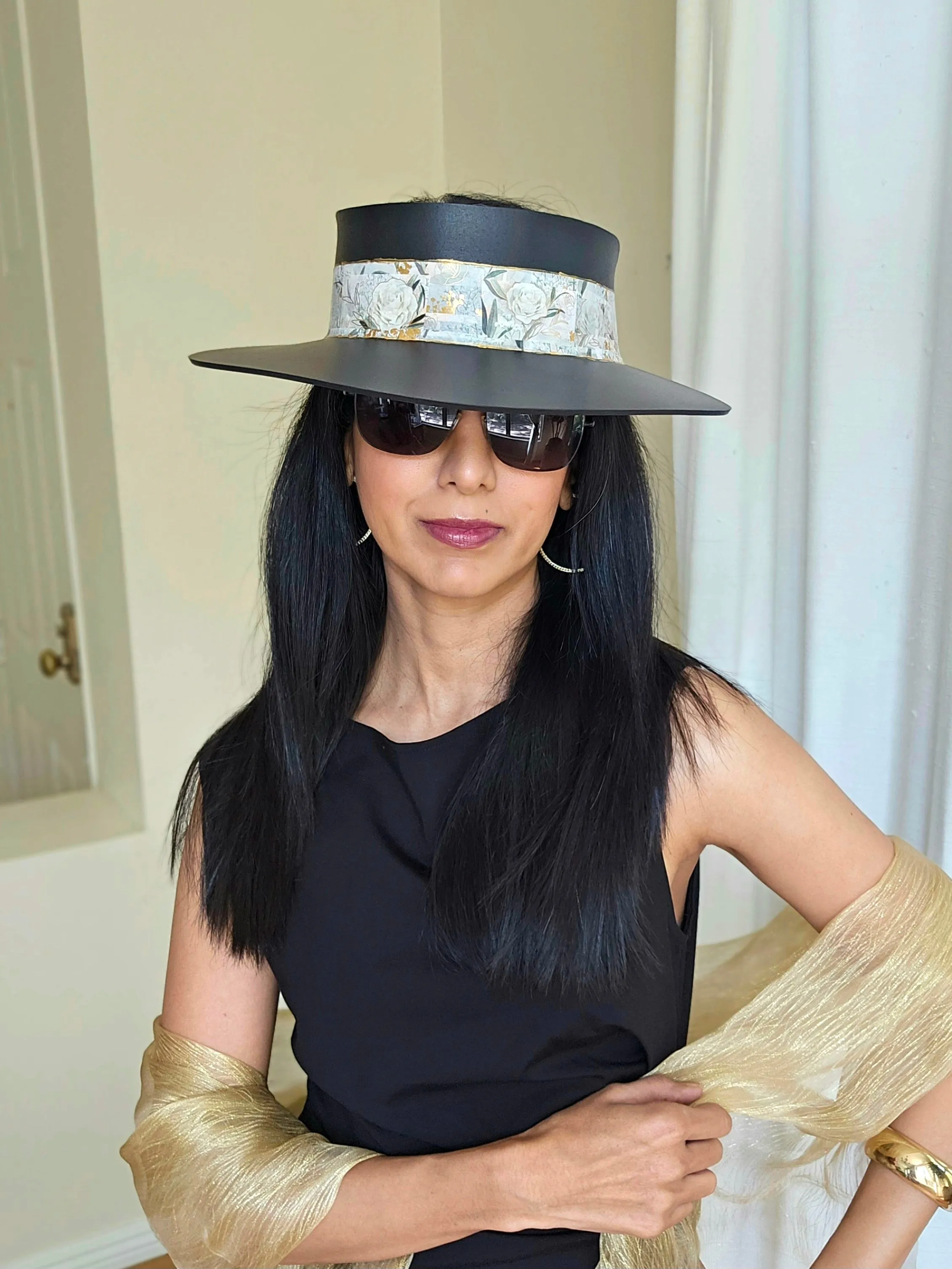 Tall Black "LadyEVA" Visor Hat with Golden and White Floral Band