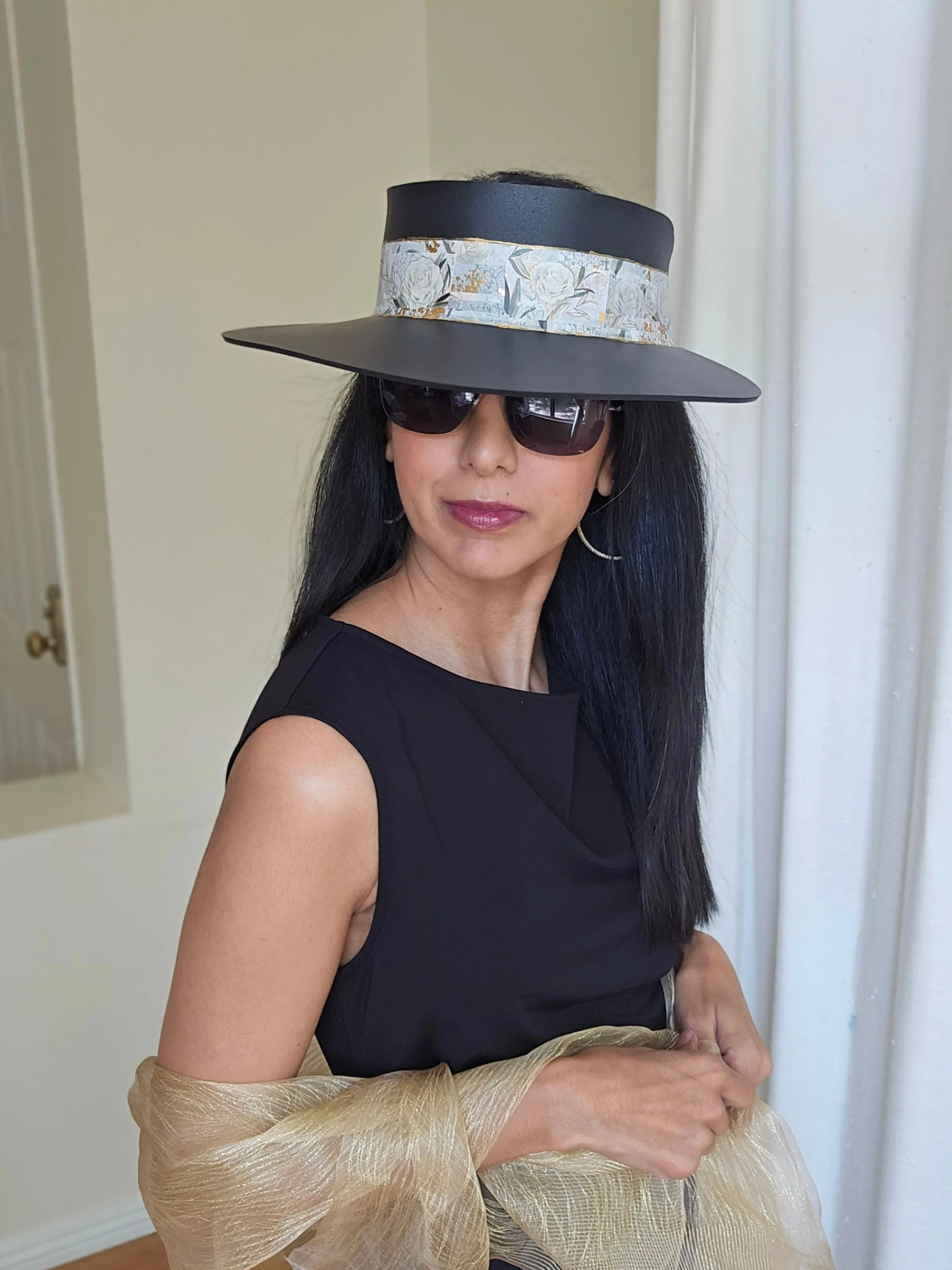 Tall Black "LadyEVA" Visor Hat with Golden and White Floral Band