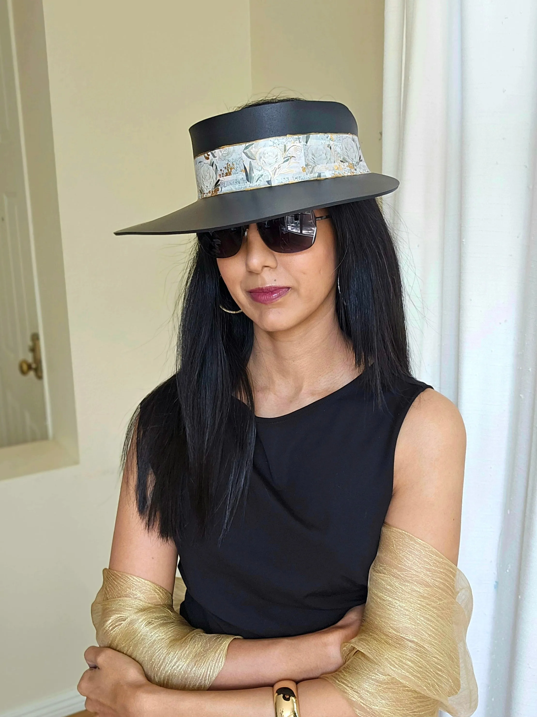 Tall Black "LadyEVA" Visor Hat with Golden and White Floral Band