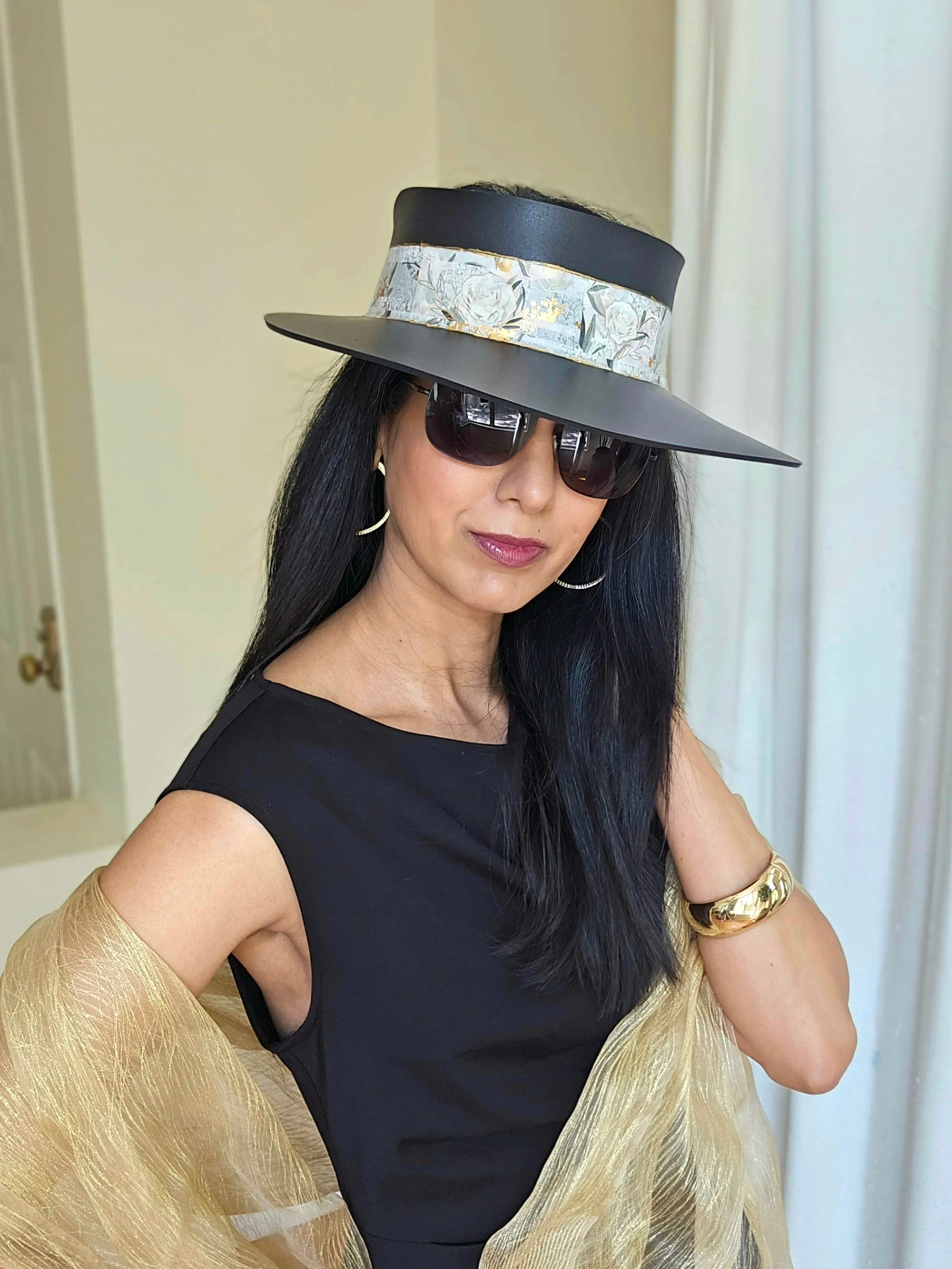 Tall Black "LadyEVA" Visor Hat with Golden and White Floral Band