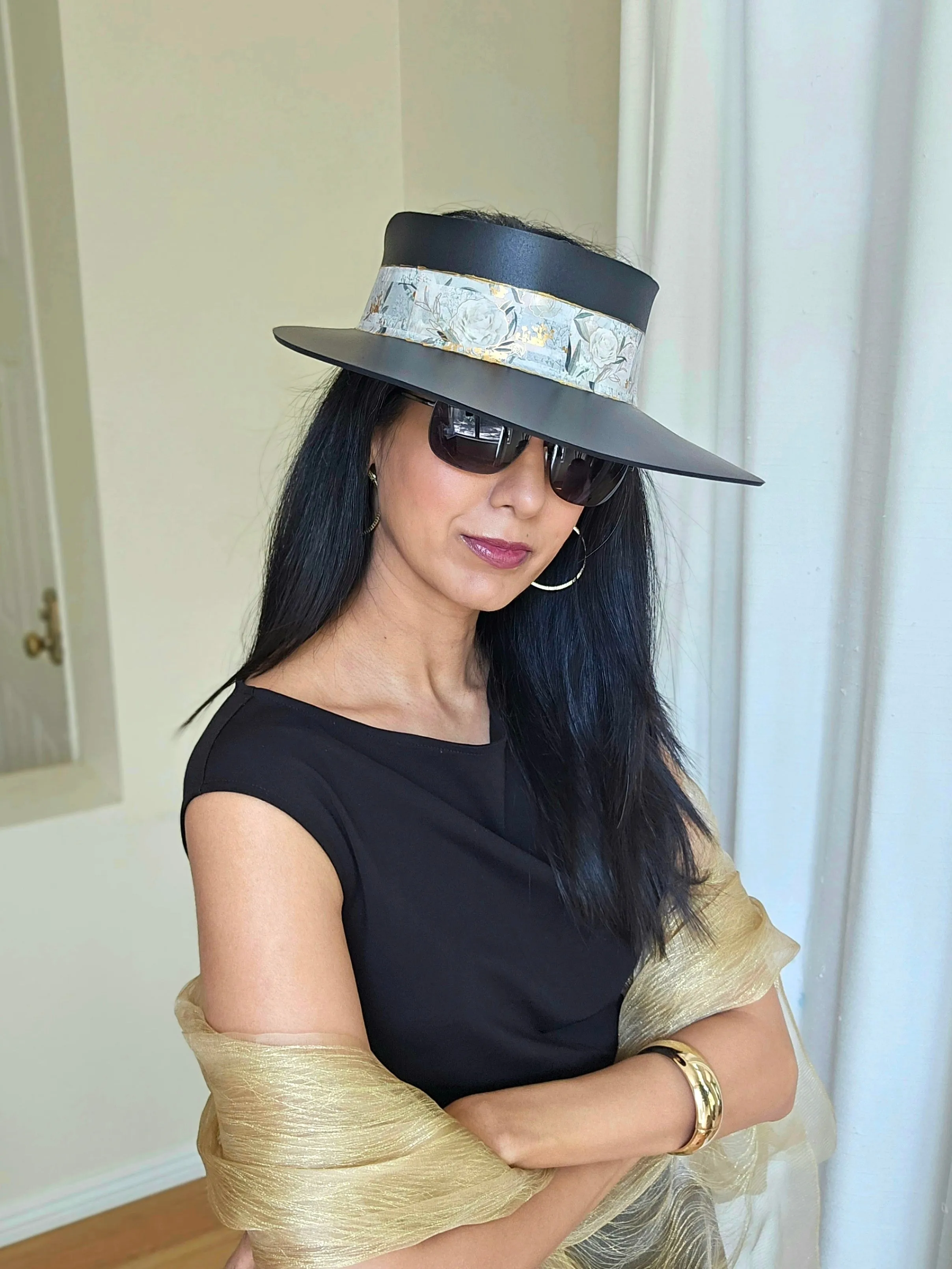 Tall Black "LadyEVA" Visor Hat with Golden and White Floral Band