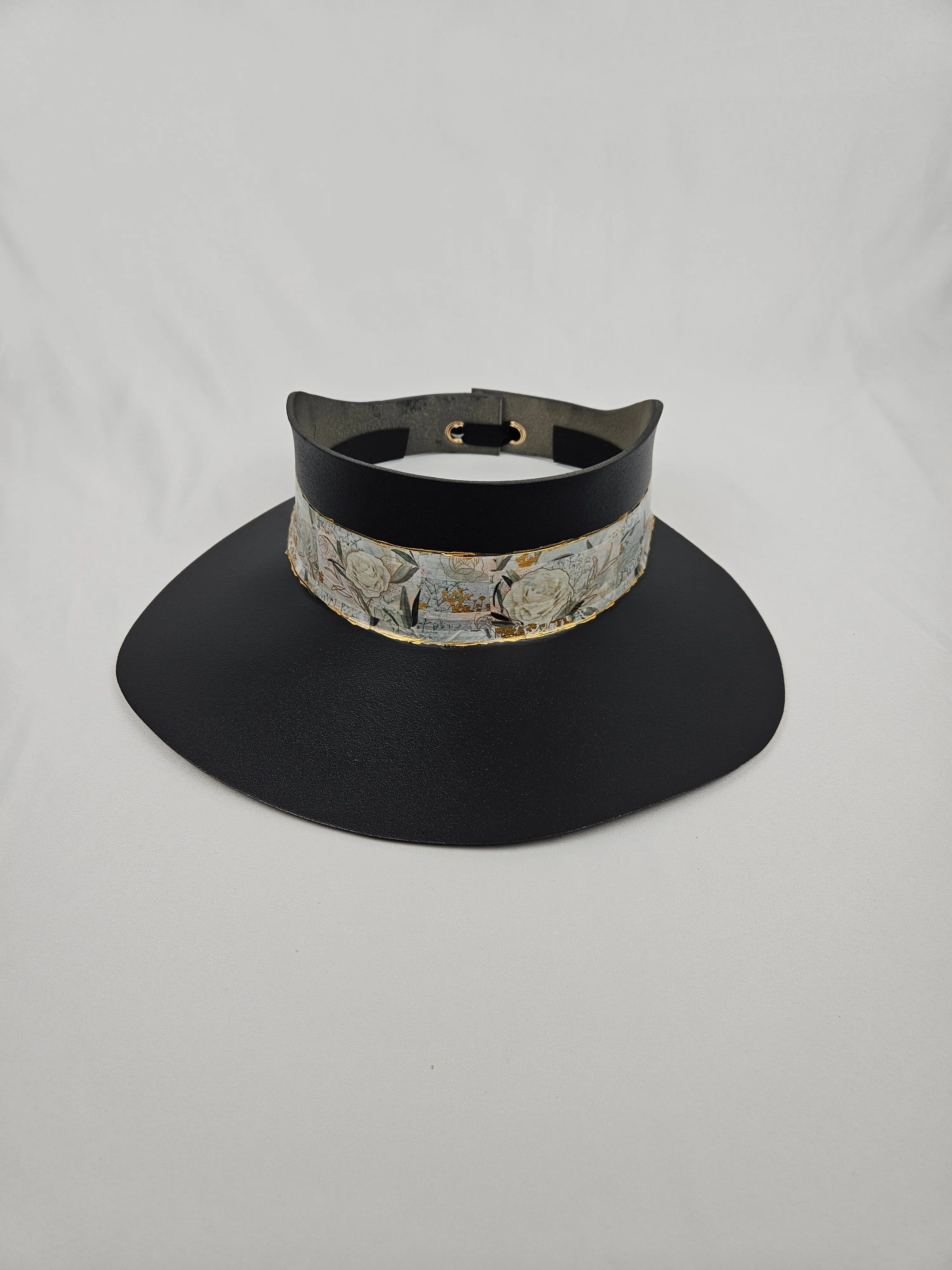 Tall Black "LadyEVA" Visor Hat with Golden and White Floral Band