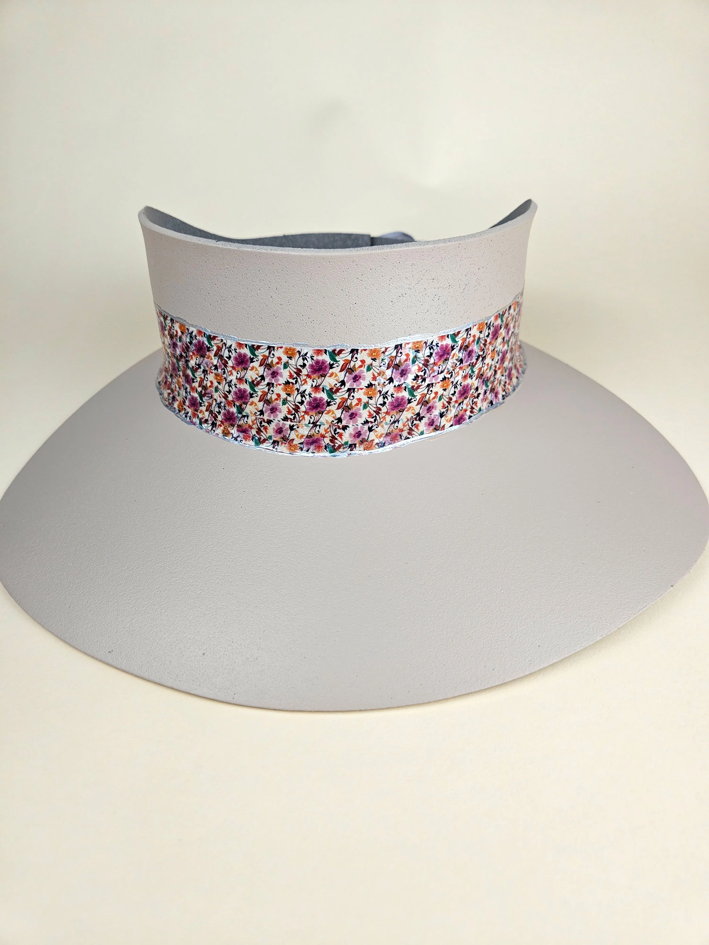 Tall Peach Gray "LadyEVA" Visor Hat with Multicolor Floral Band