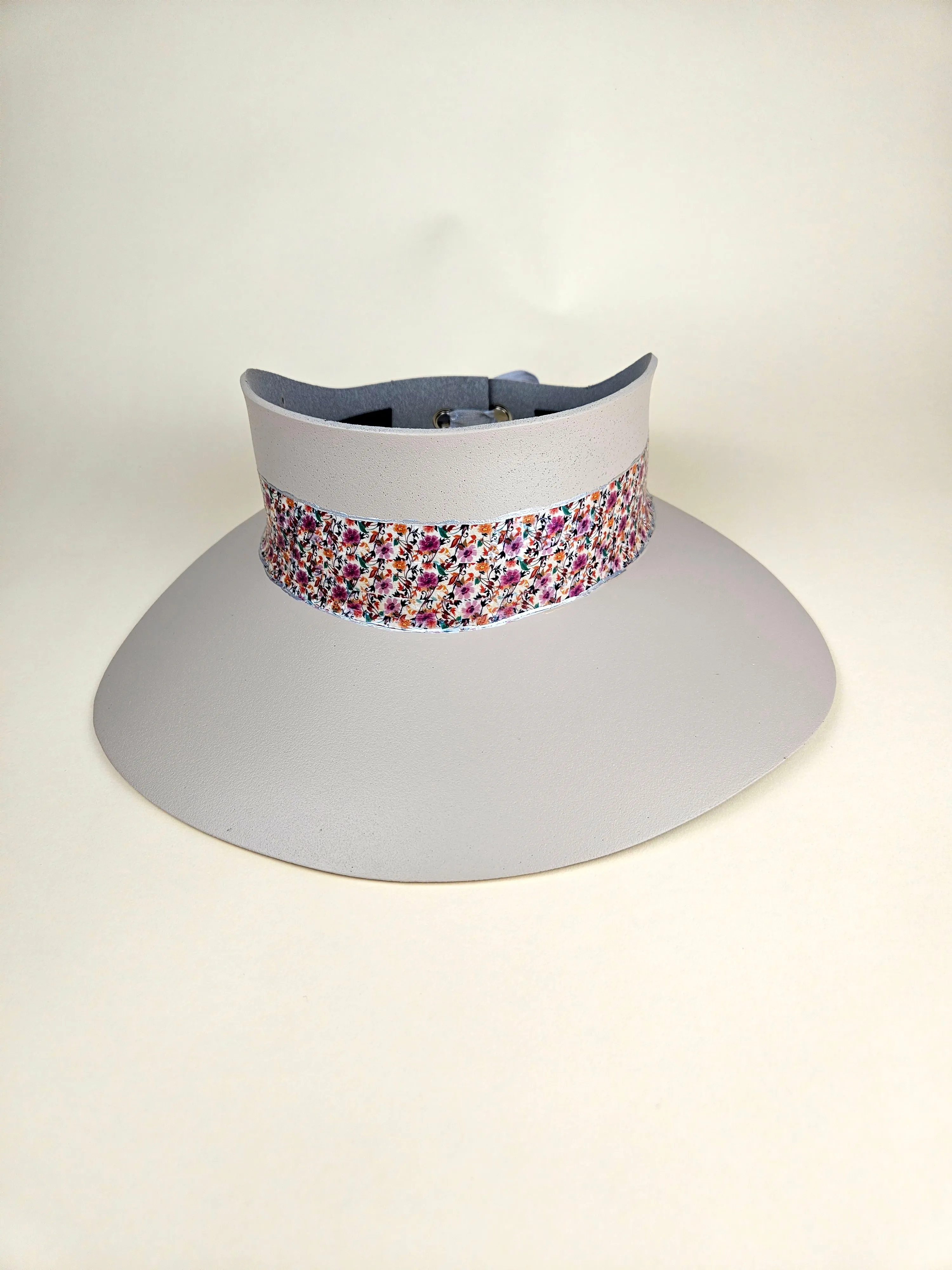 Tall Peach Gray "LadyEVA" Visor Hat with Multicolor Floral Band