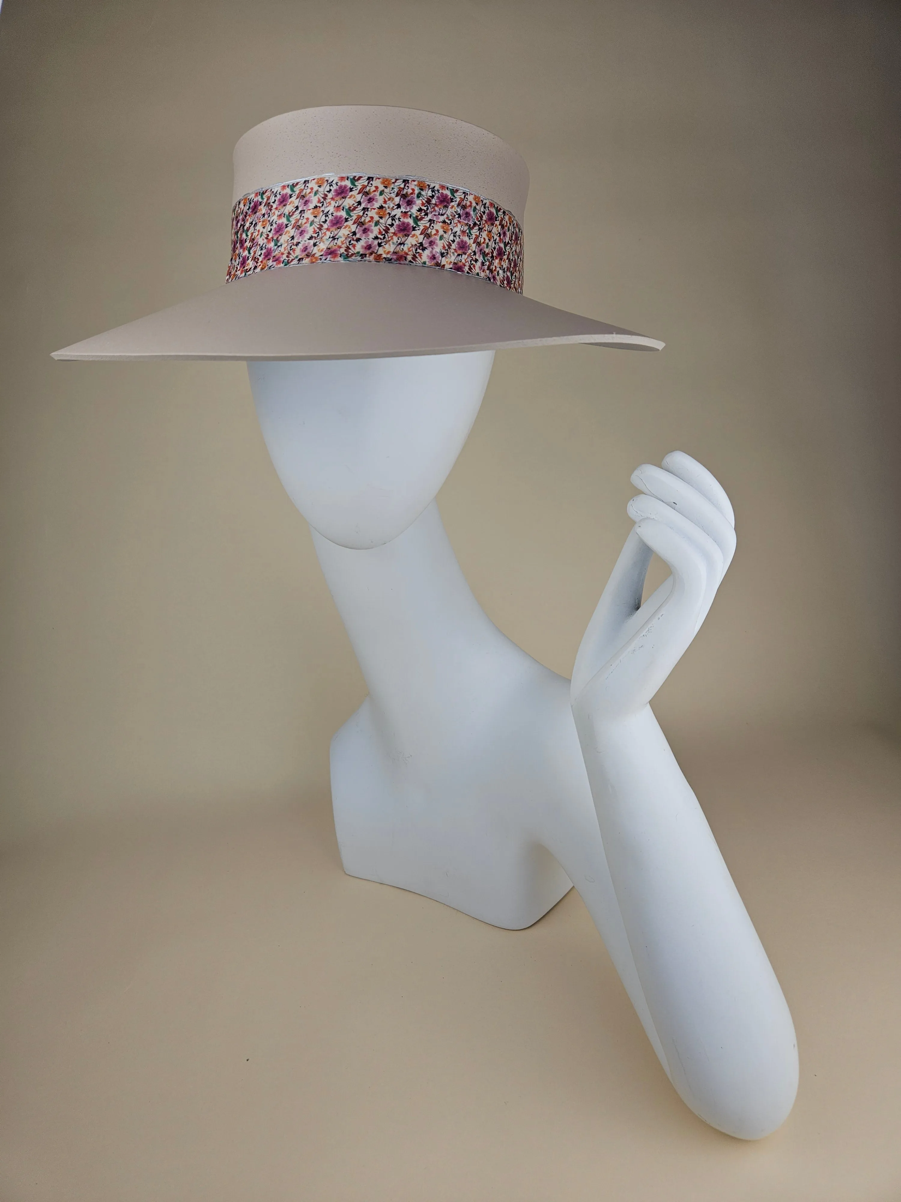 Tall Peach Gray "LadyEVA" Visor Hat with Multicolor Floral Band