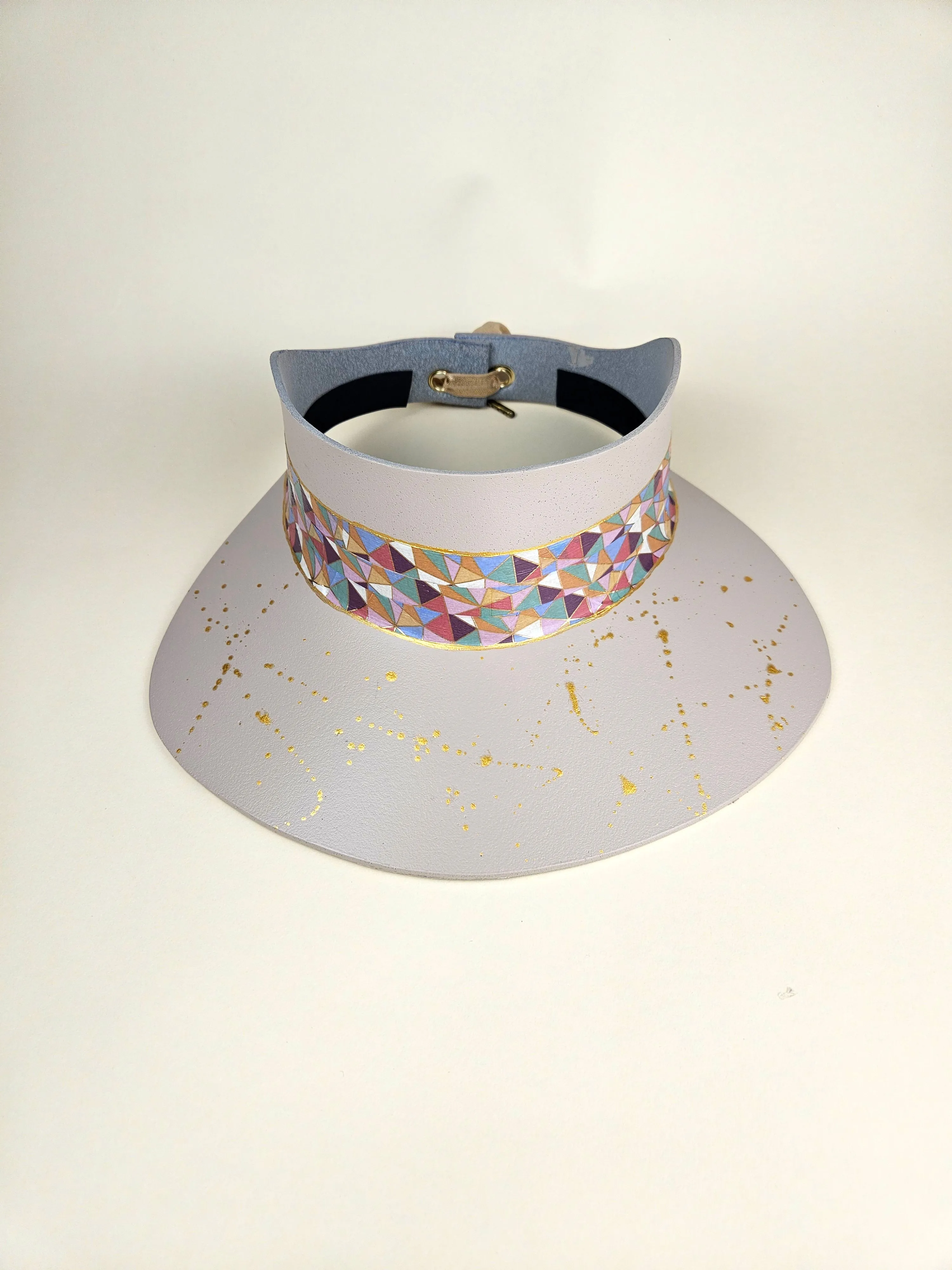 Tall Peach Gray "LadyEVA" Visor Hat with Multicolor Pastel Geometric Band and Gold Paint Splatter Effect