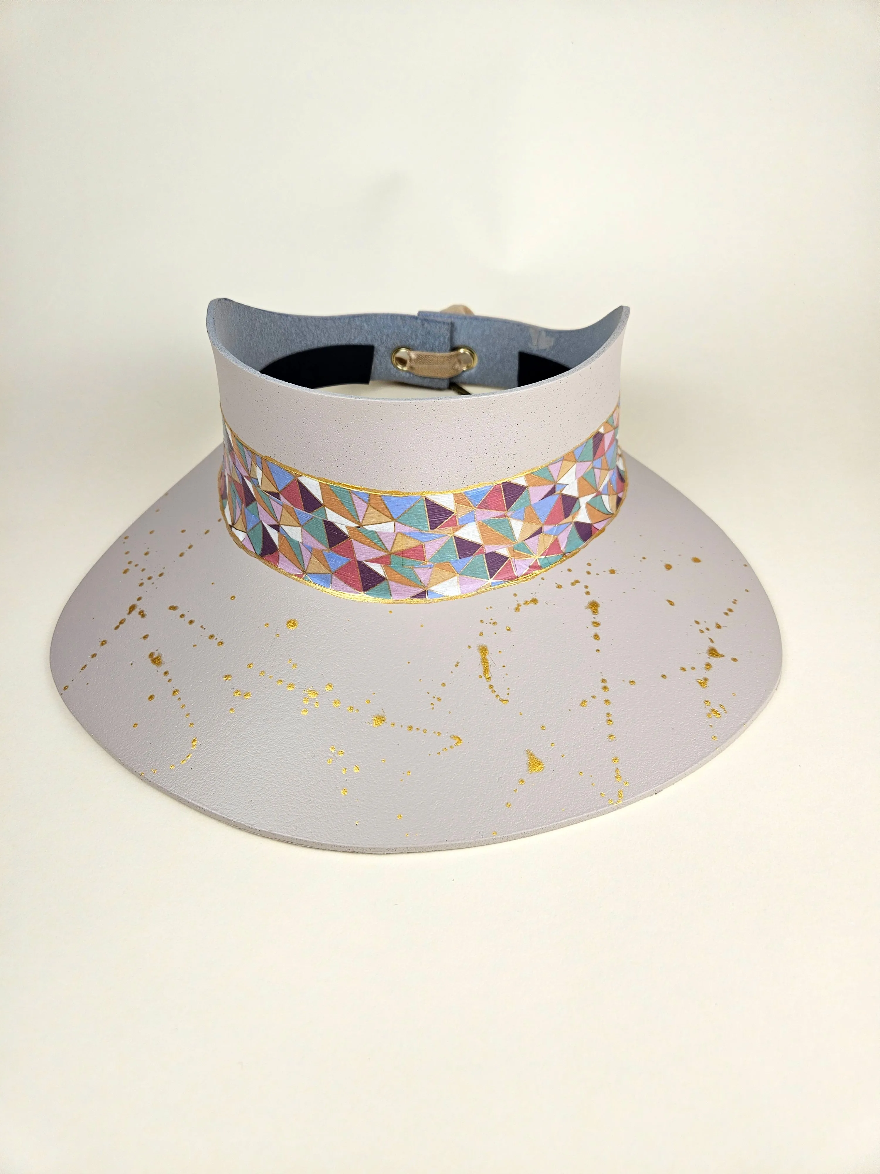 Tall Peach Gray "LadyEVA" Visor Hat with Multicolor Pastel Geometric Band and Gold Paint Splatter Effect