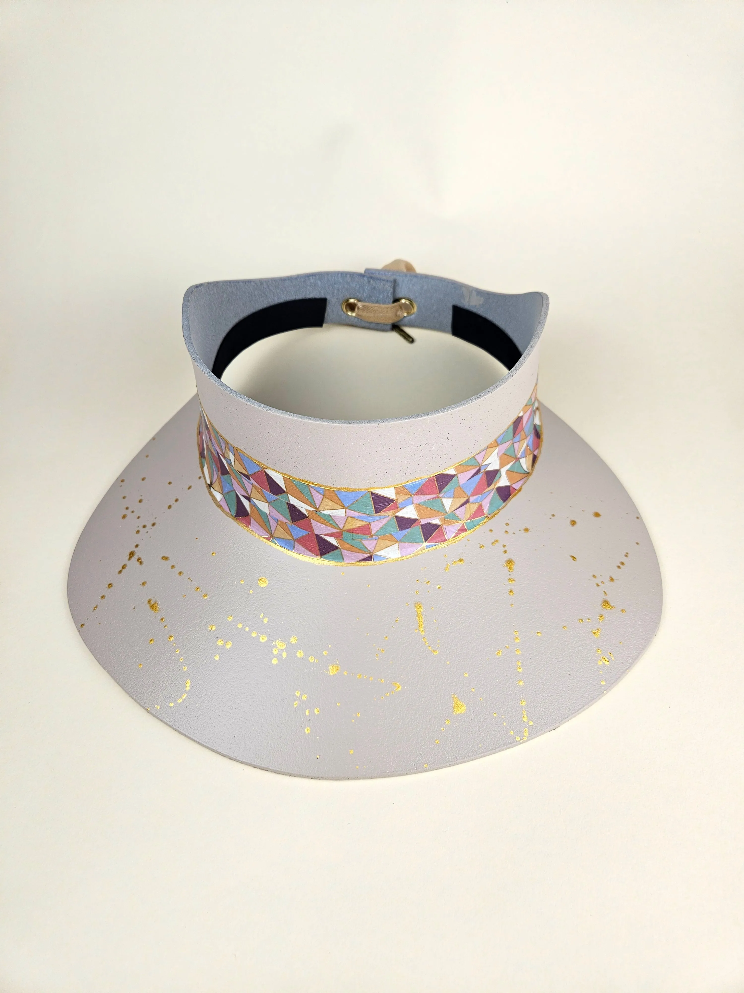 Tall Peach Gray "LadyEVA" Visor Hat with Multicolor Pastel Geometric Band and Gold Paint Splatter Effect