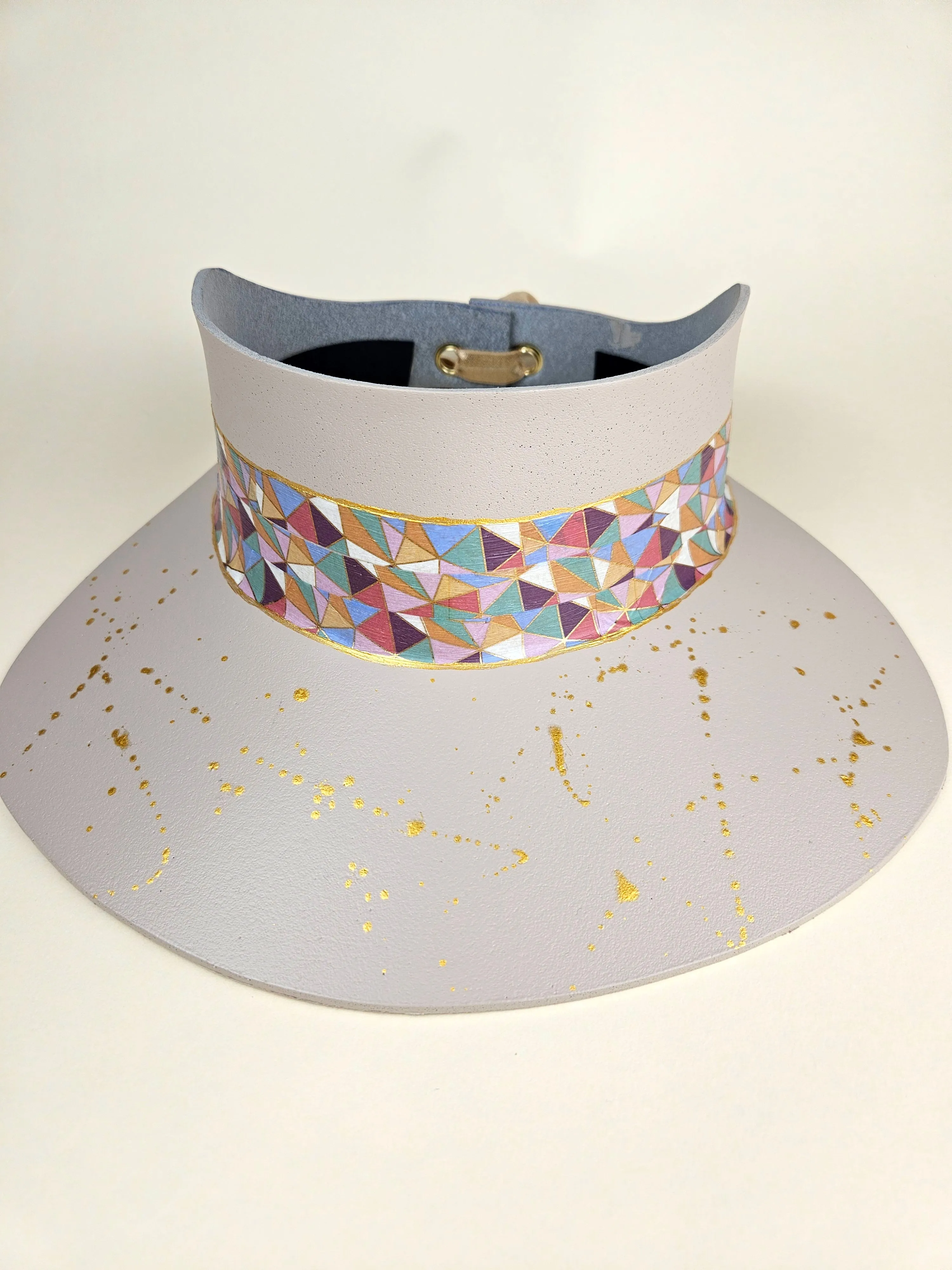 Tall Peach Gray "LadyEVA" Visor Hat with Multicolor Pastel Geometric Band and Gold Paint Splatter Effect