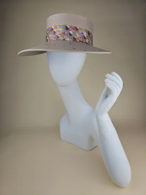 Tall Peach Gray "LadyEVA" Visor Hat with Multicolor Pastel Geometric Band and Gold Paint Splatter Effect