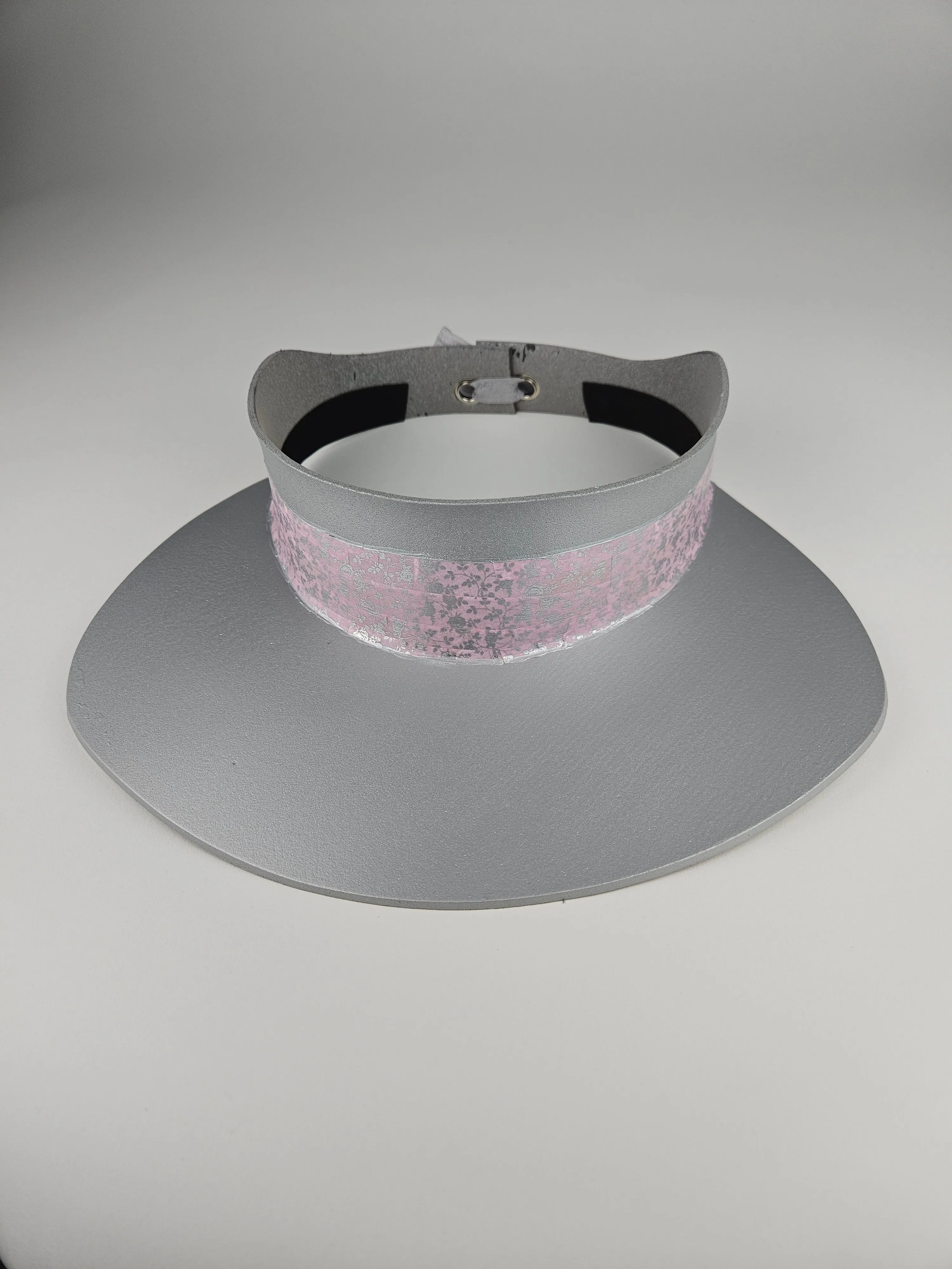 Tall Silver "LadyEVA" Visor Hat with Pink and Silver Floral Band