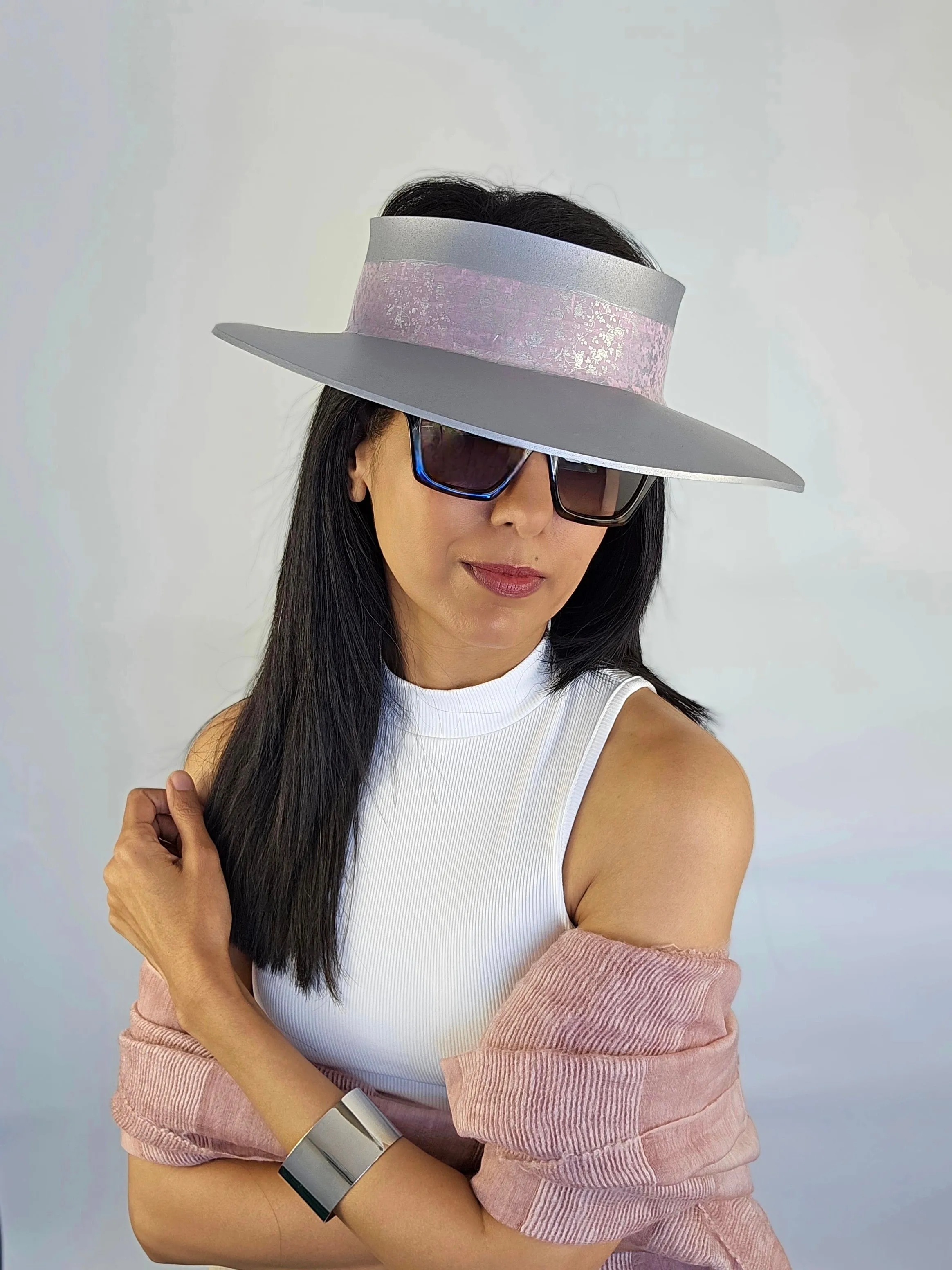 Tall Silver "LadyEVA" Visor Hat with Pink and Silver Floral Band