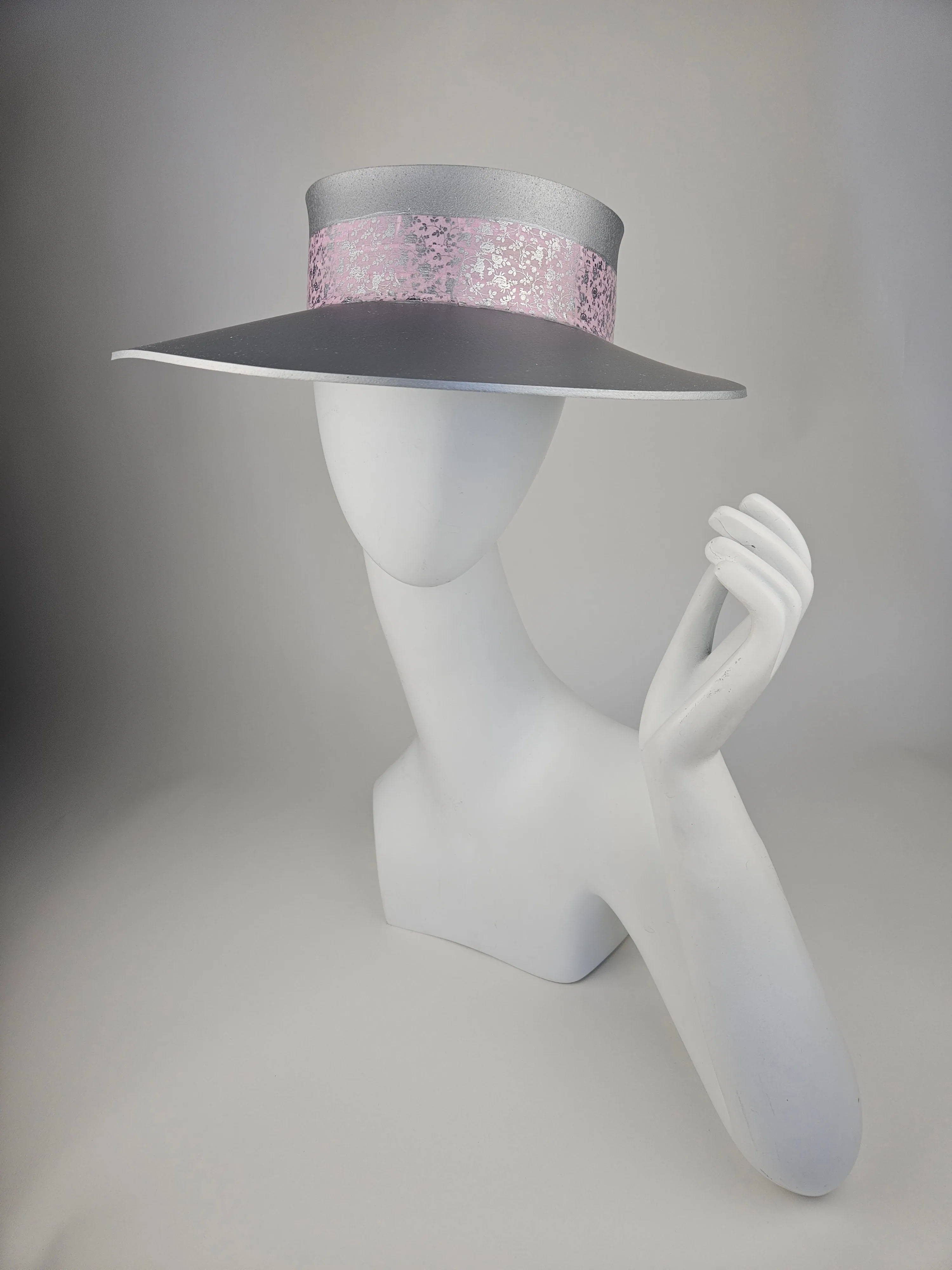 Tall Silver "LadyEVA" Visor Hat with Pink and Silver Floral Band