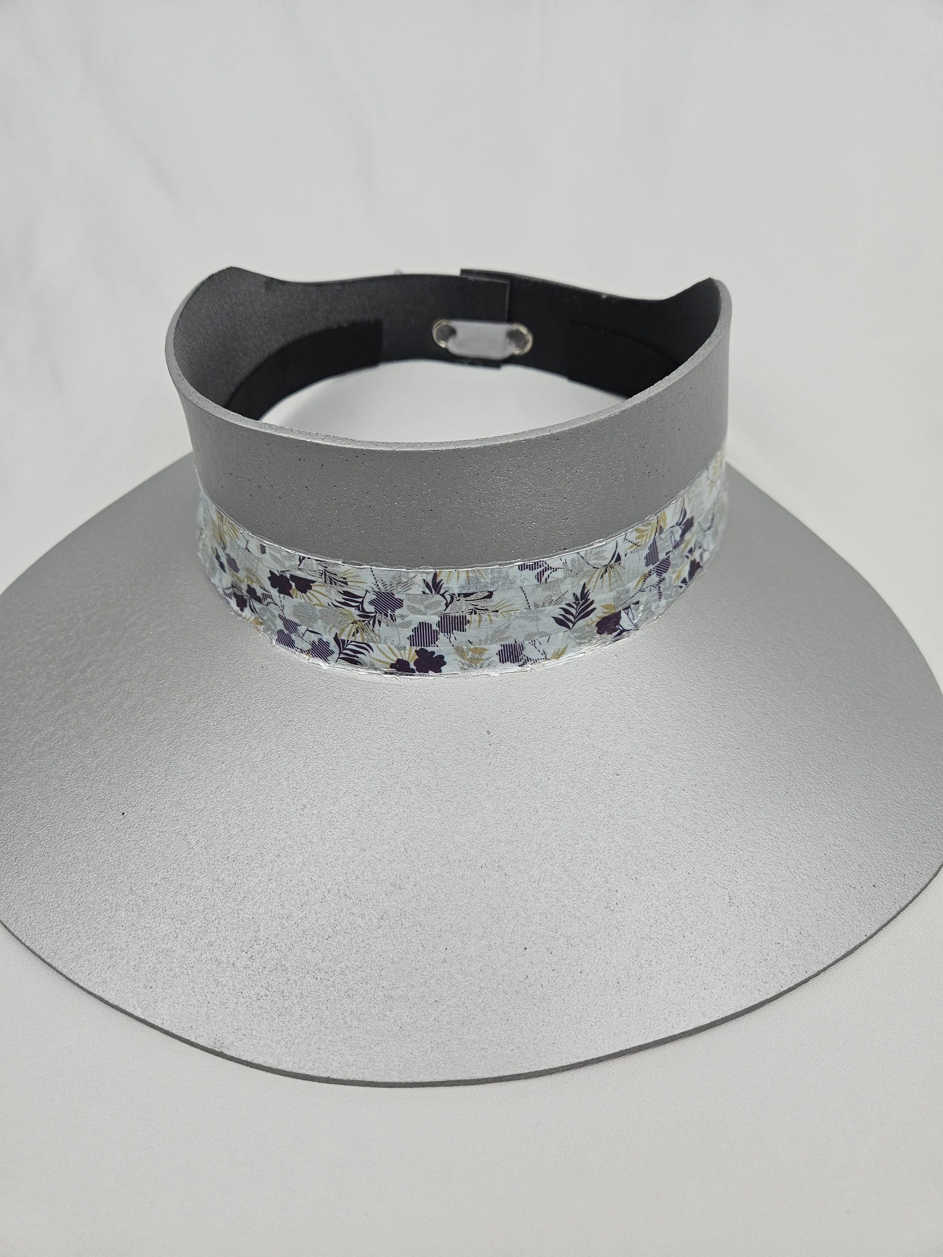 Tall Silver "LadyEVA" Visor Hat with Purple Floral Band