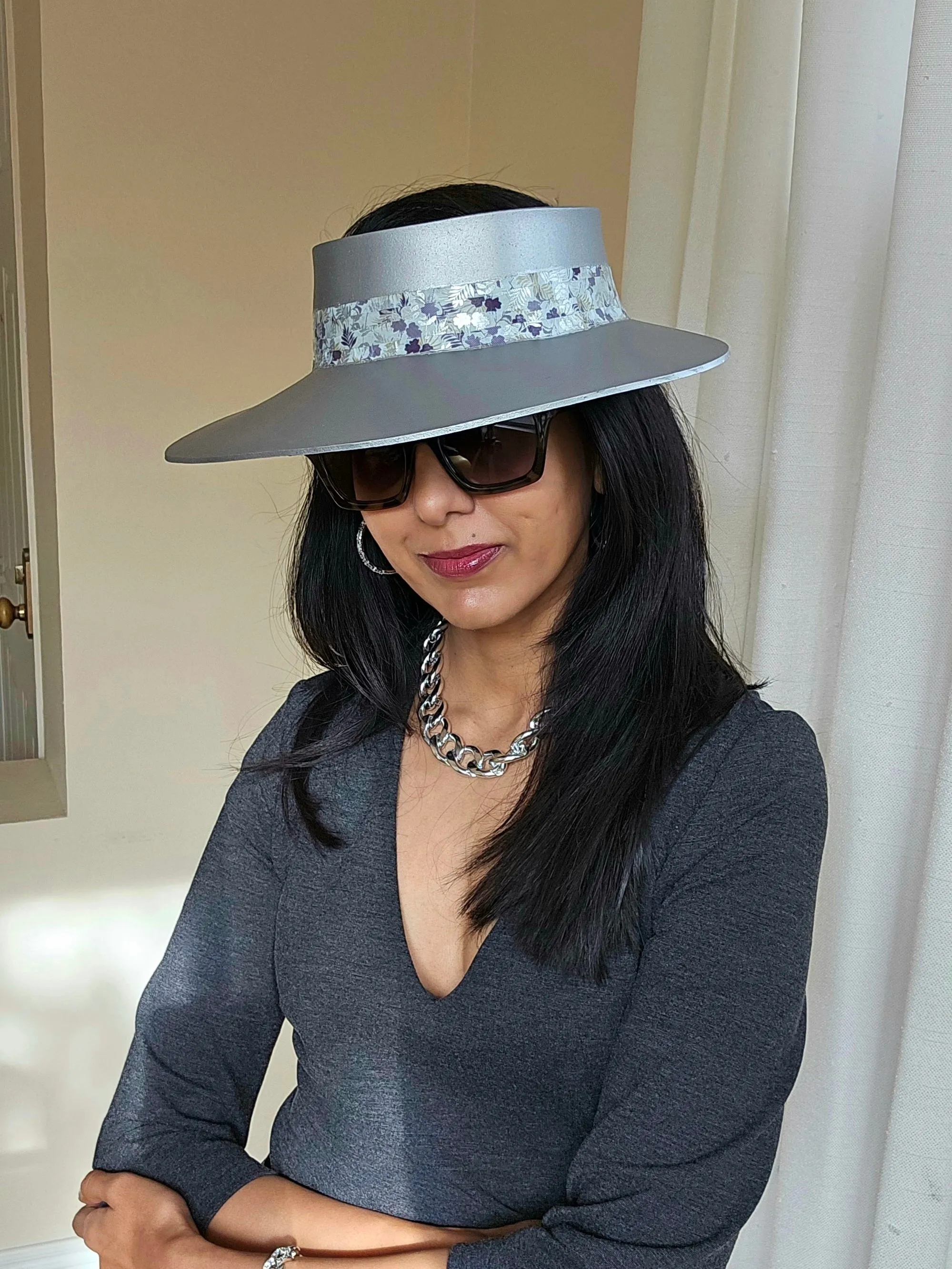 Tall Silver "LadyEVA" Visor Hat with Purple Floral Band