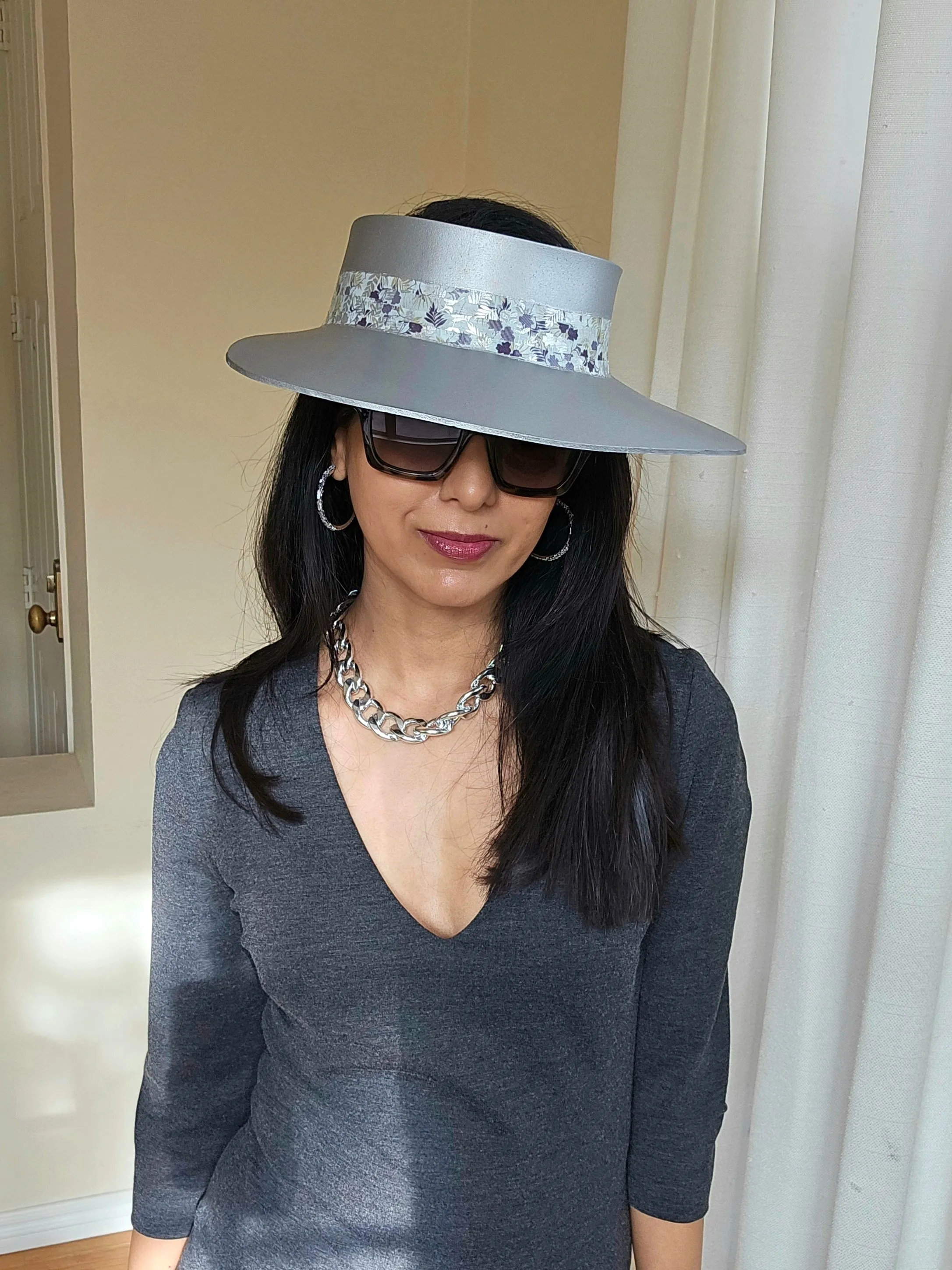 Tall Silver "LadyEVA" Visor Hat with Purple Floral Band