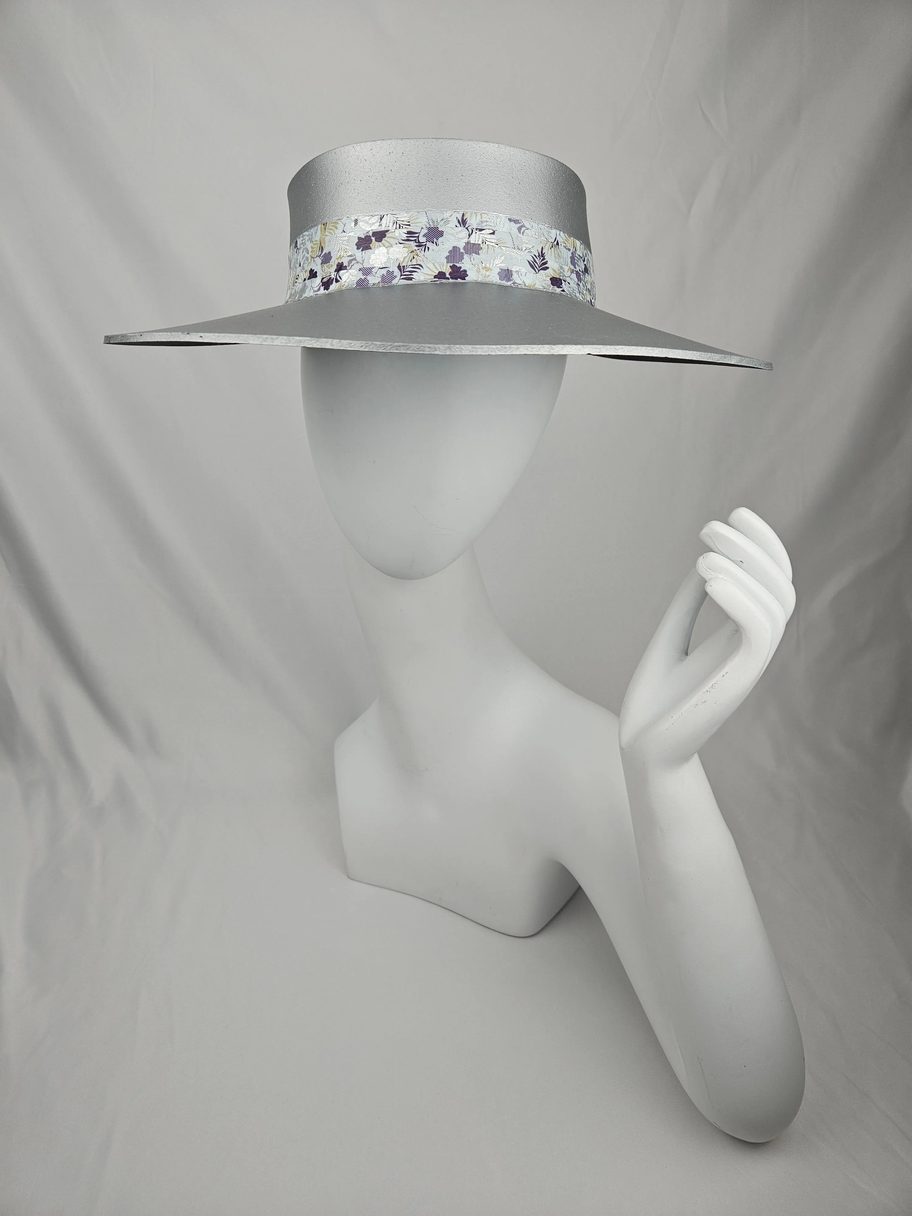 Tall Silver "LadyEVA" Visor Hat with Purple Floral Band