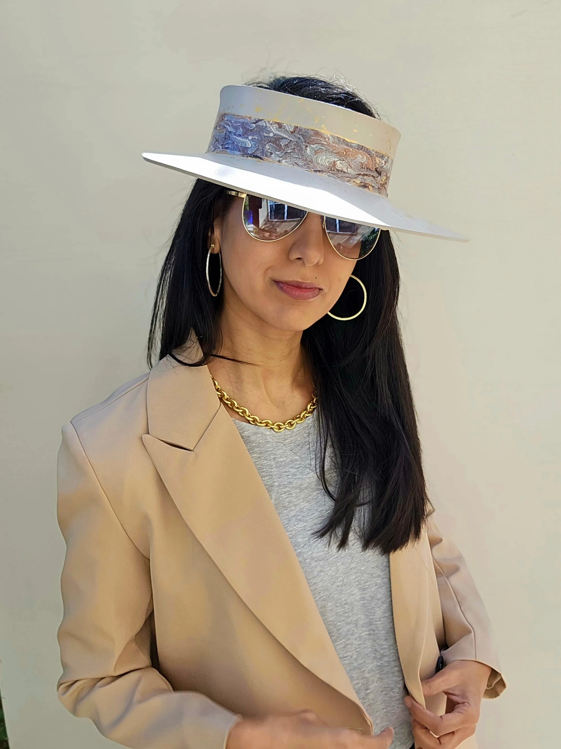 Taupe "LadyEVA" Visor Hat with Marbled Grey Band and Gold Splatter Effect