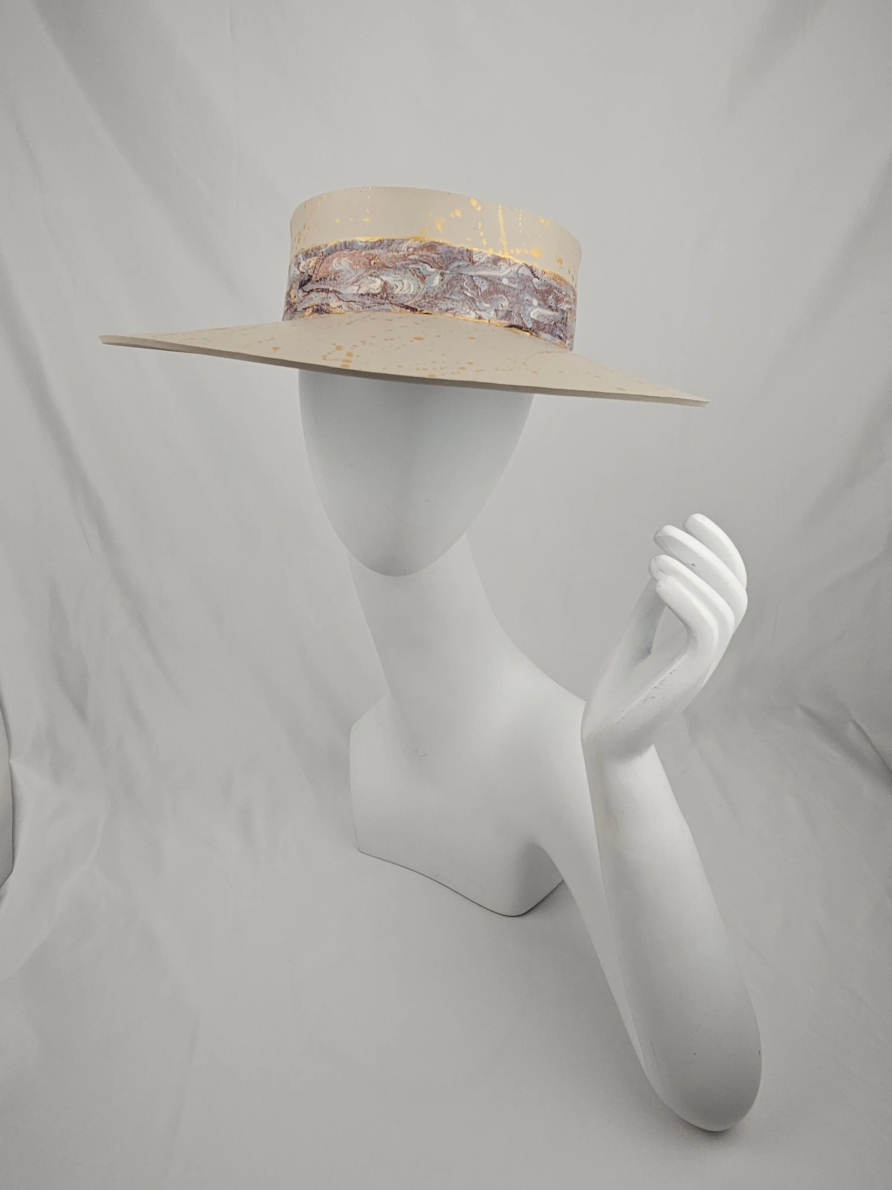 Taupe "LadyEVA" Visor Hat with Marbled Grey Band and Gold Splatter Effect