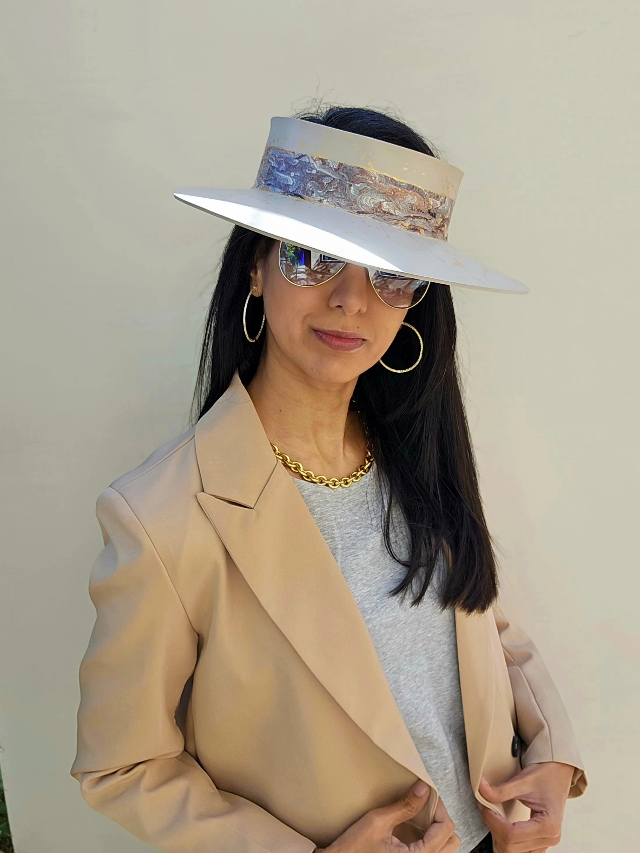 Taupe "LadyEVA" Visor Hat with Marbled Grey Band and Gold Splatter Effect