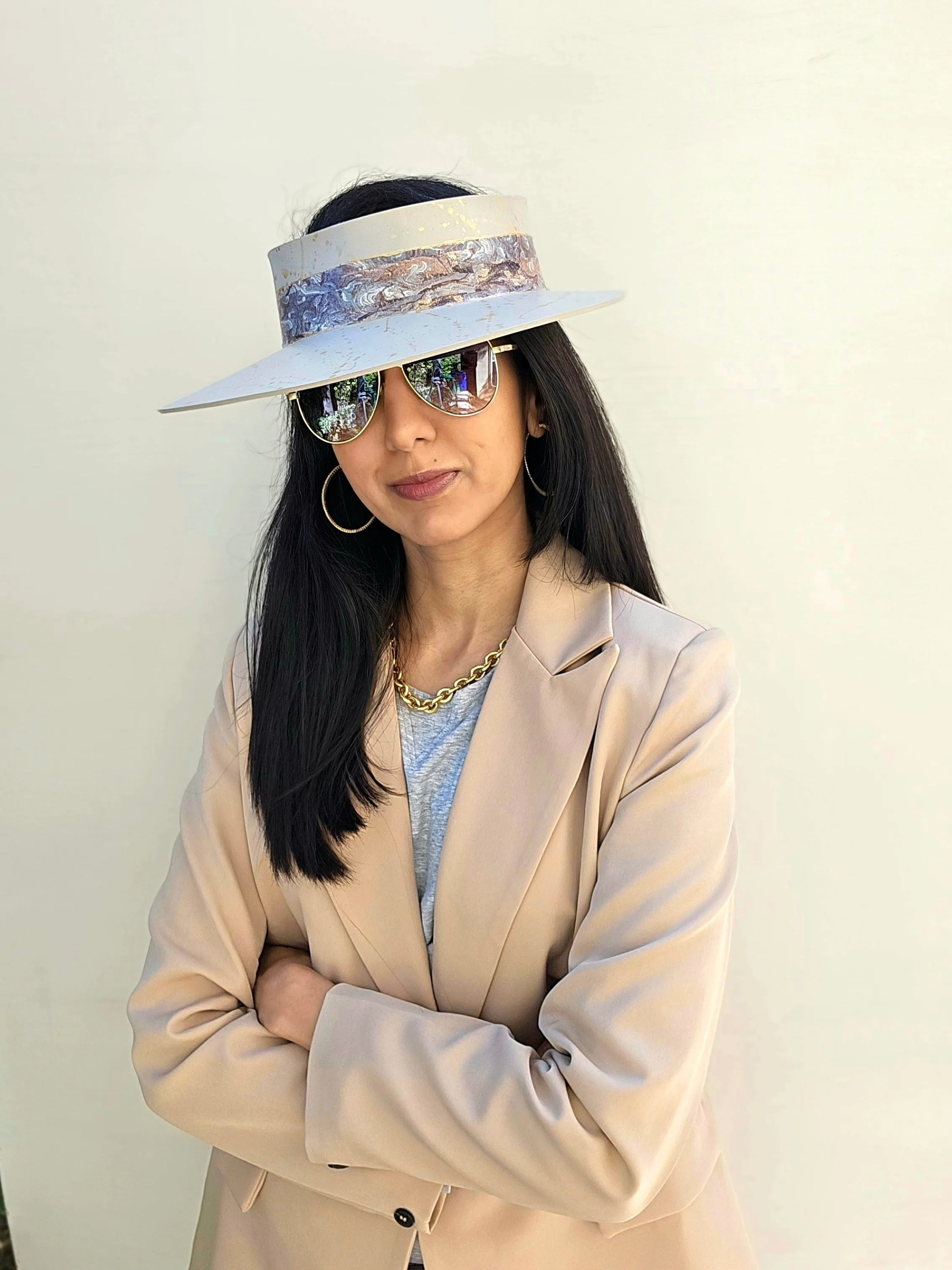 Taupe "LadyEVA" Visor Hat with Marbled Grey Band and Gold Splatter Effect