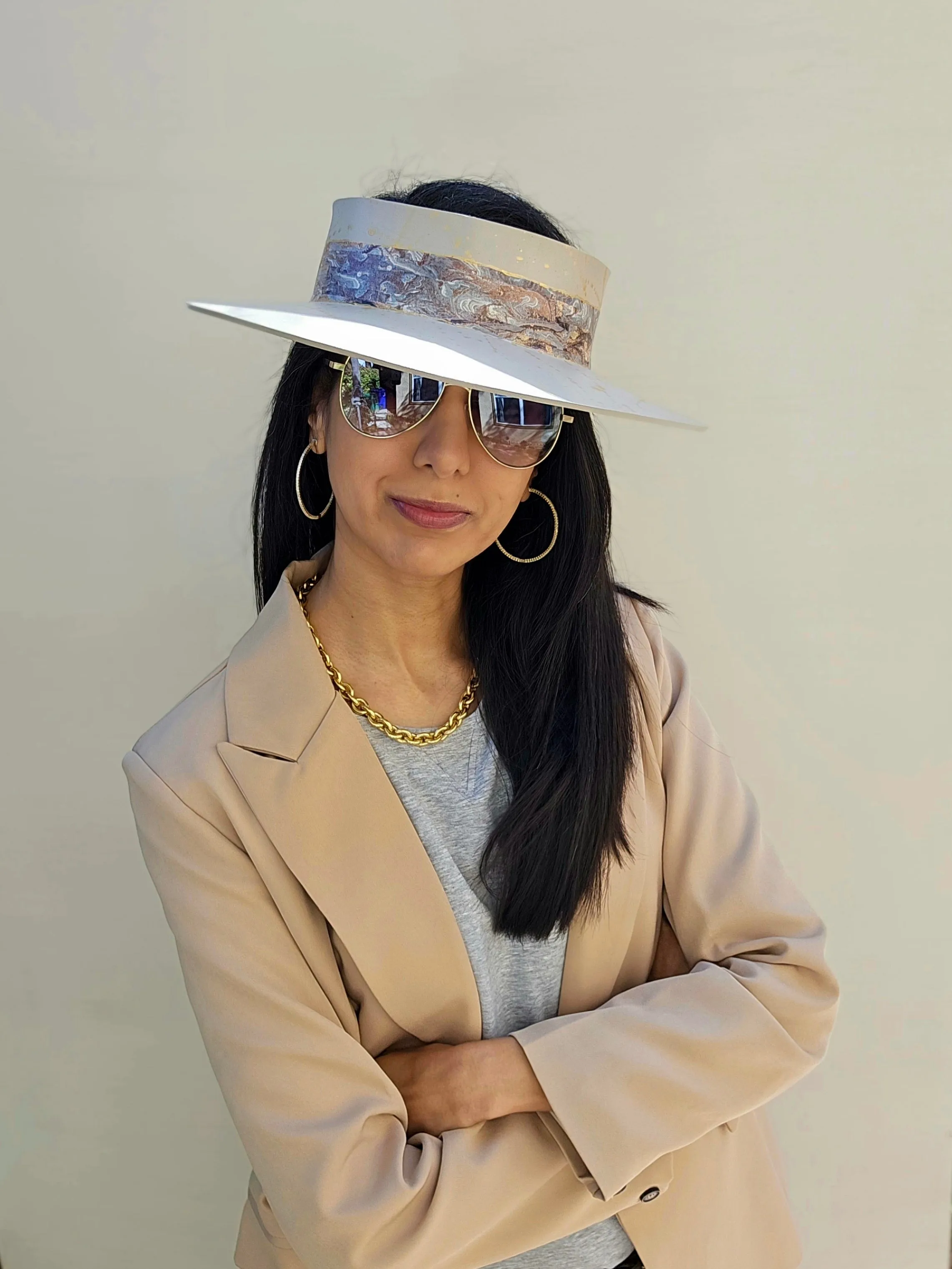 Taupe "LadyEVA" Visor Hat with Marbled Grey Band and Gold Splatter Effect