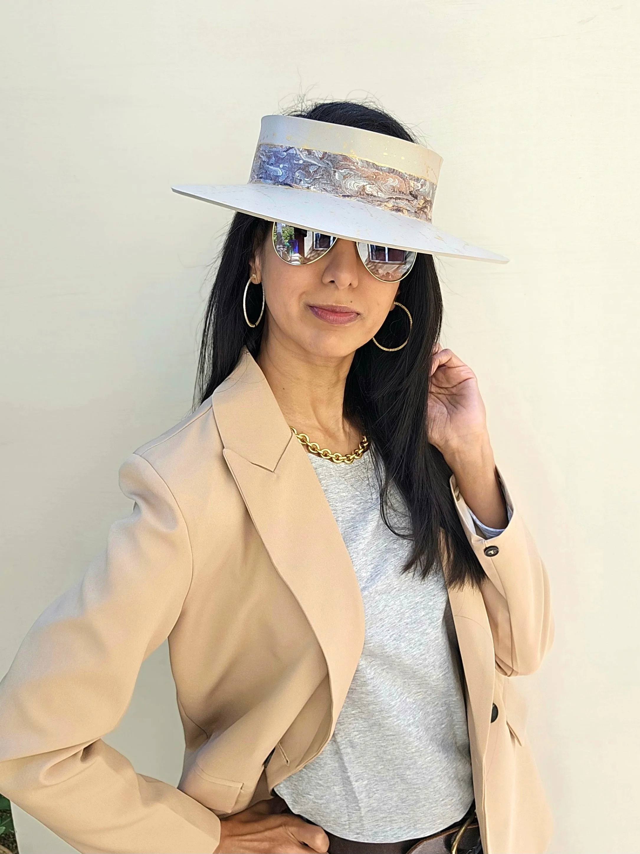 Taupe "LadyEVA" Visor Hat with Marbled Grey Band and Gold Splatter Effect