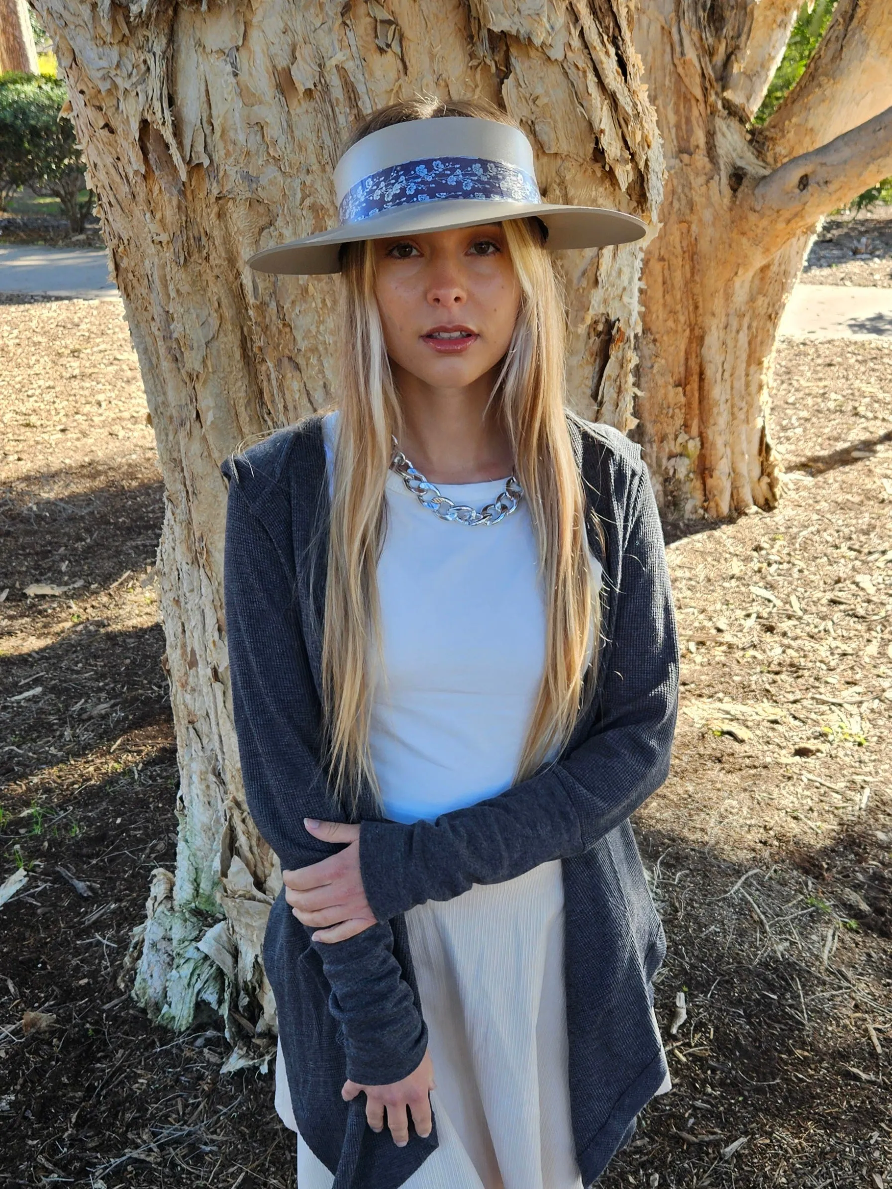 Taupe "LadyEVA" Visor Hat with Purple/Blue/Silver Floral Band