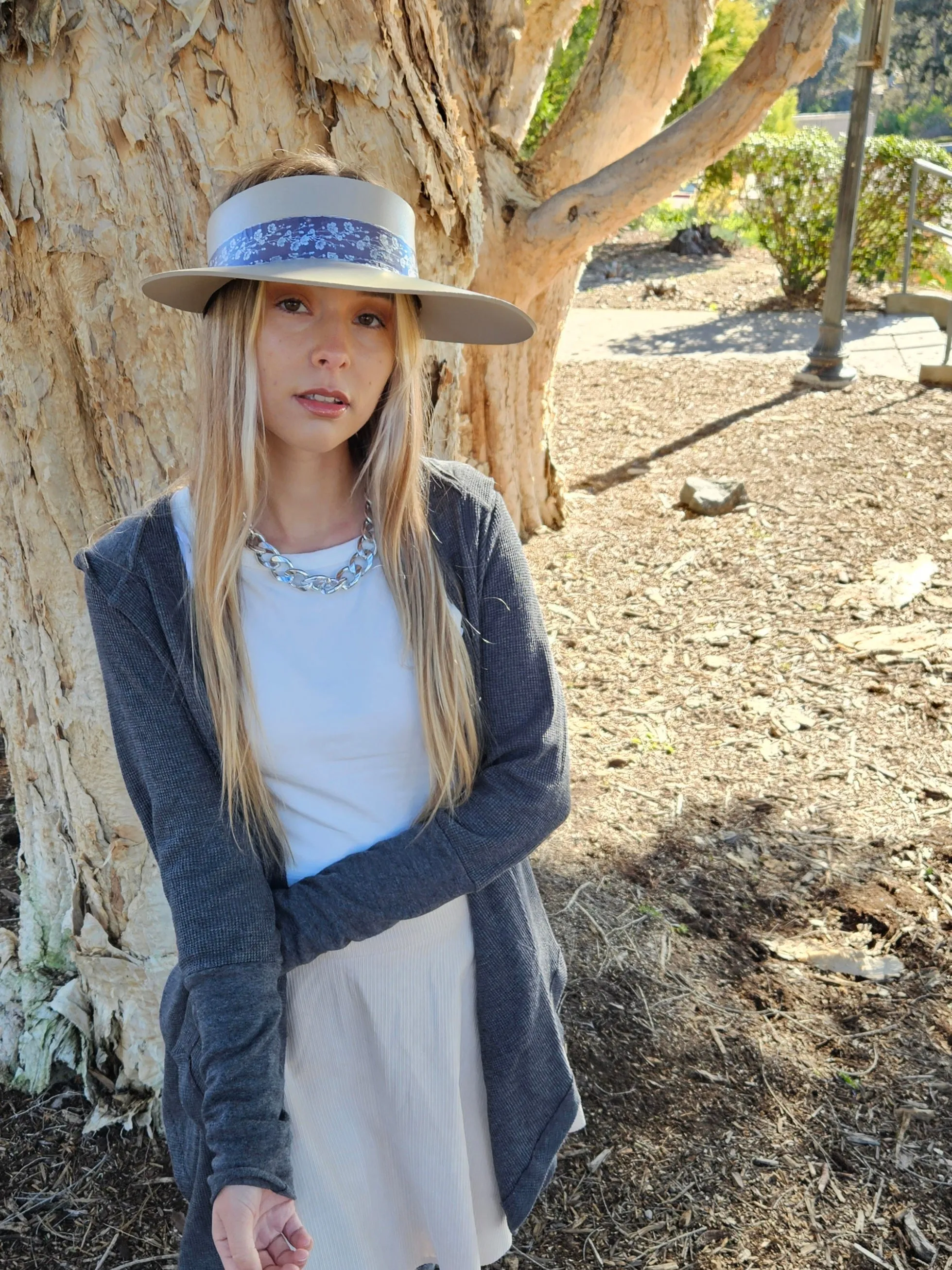 Taupe "LadyEVA" Visor Hat with Purple/Blue/Silver Floral Band