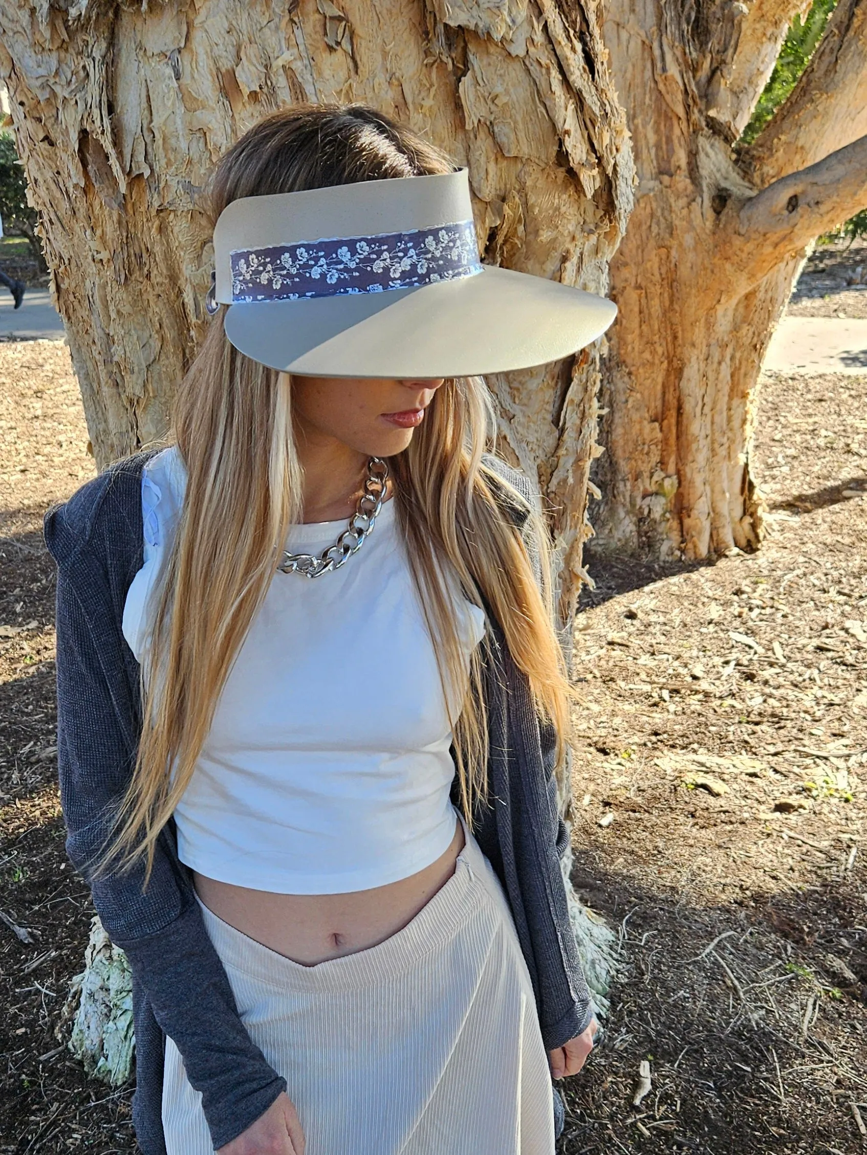 Taupe "LadyEVA" Visor Hat with Purple/Blue/Silver Floral Band