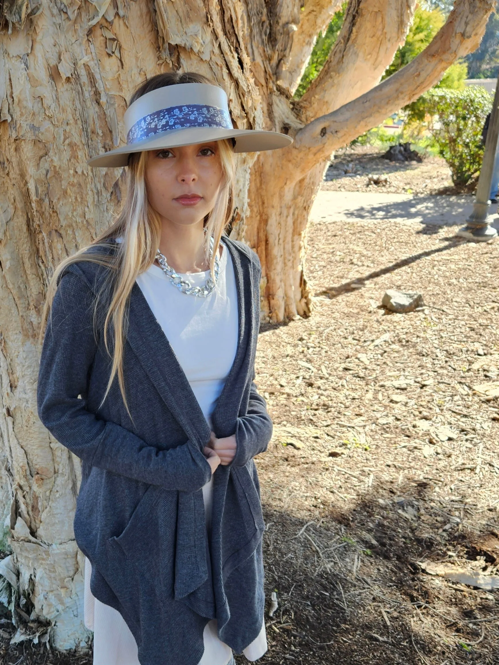 Taupe "LadyEVA" Visor Hat with Purple/Blue/Silver Floral Band