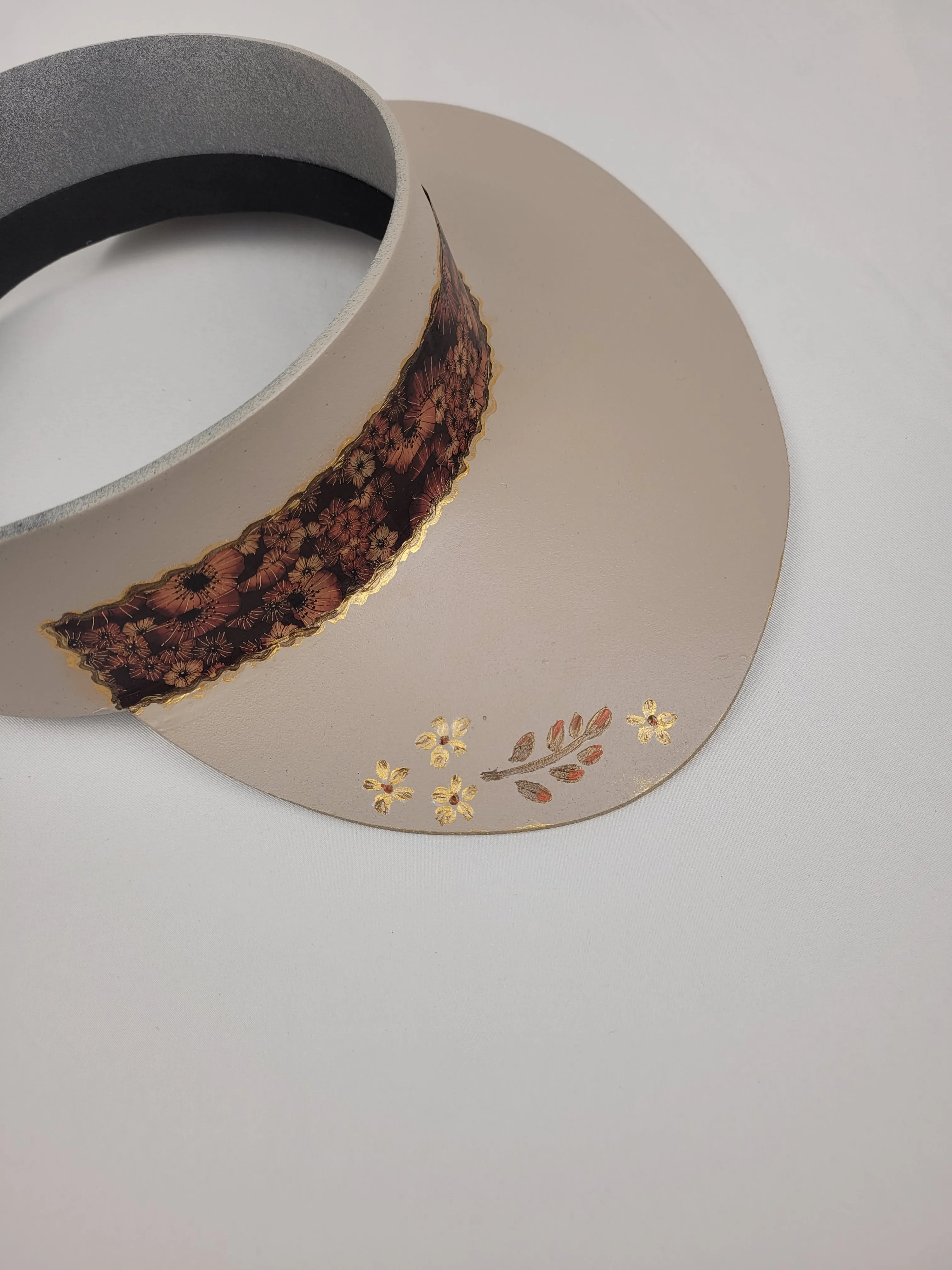 Taupe "LadyEVA" Visor Hat with Rust and Copper Floral Band and Handpainted Floral Motifs