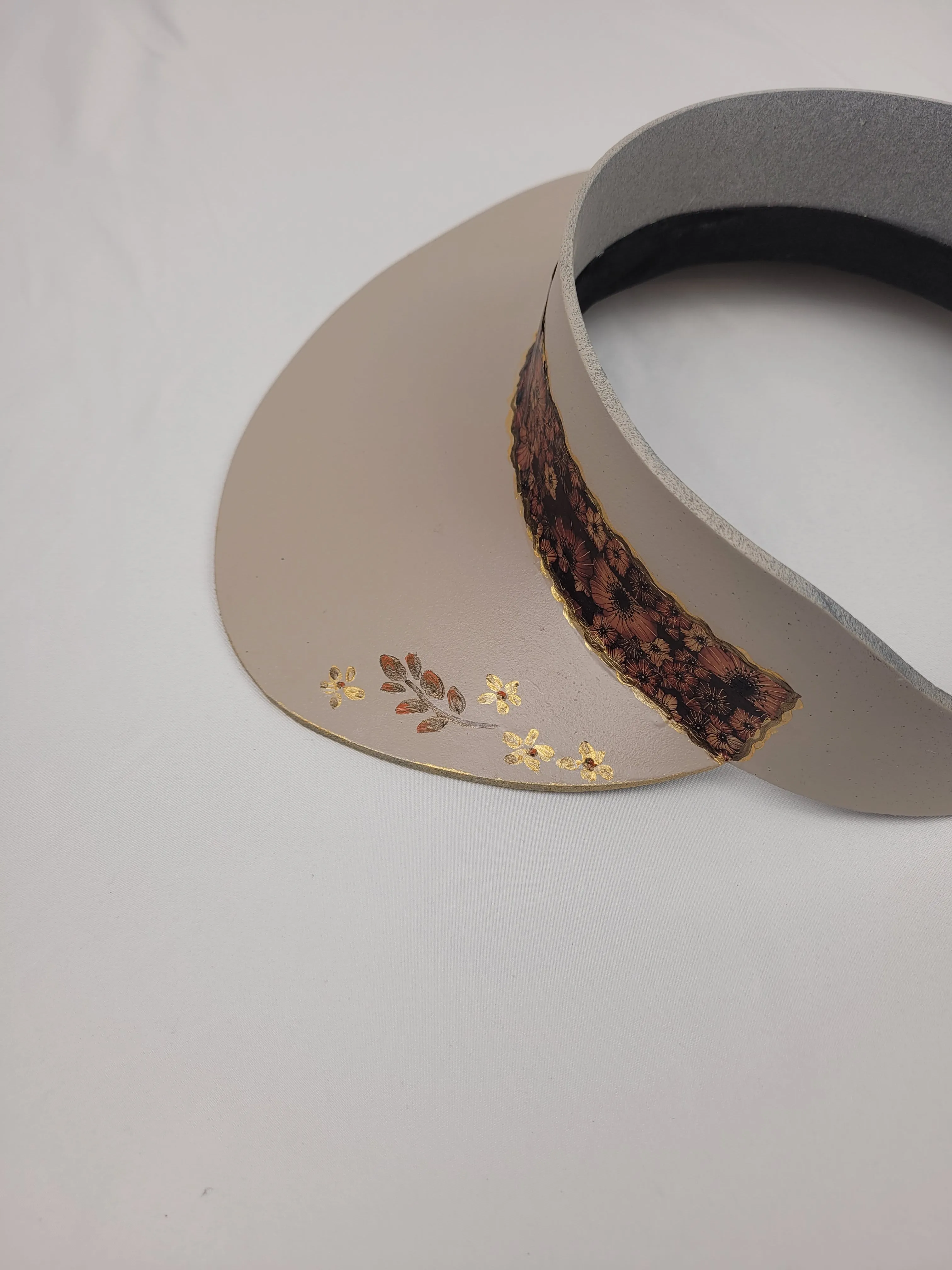 Taupe "LadyEVA" Visor Hat with Rust and Copper Floral Band and Handpainted Floral Motifs