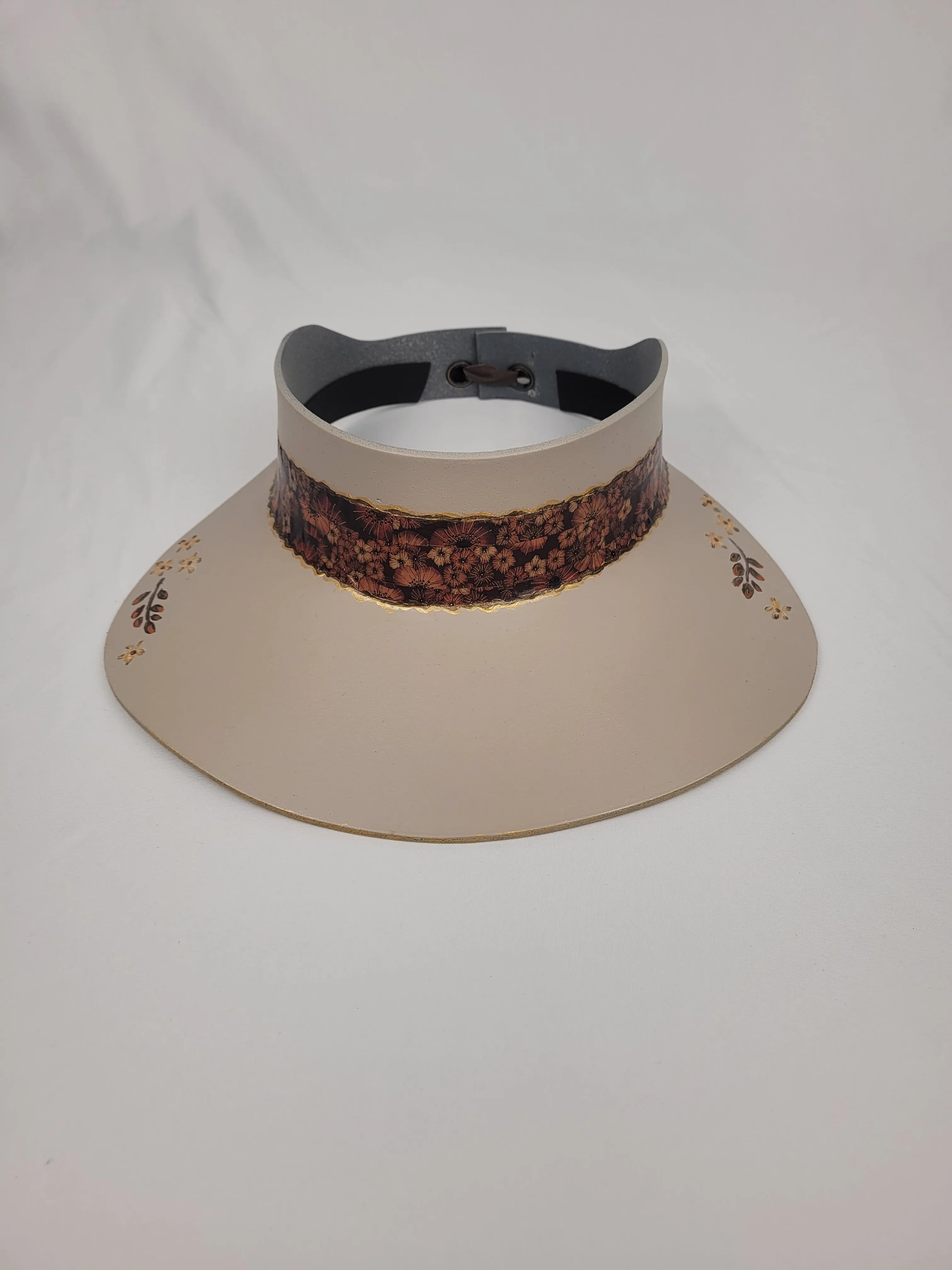 Taupe "LadyEVA" Visor Hat with Rust and Copper Floral Band and Handpainted Floral Motifs