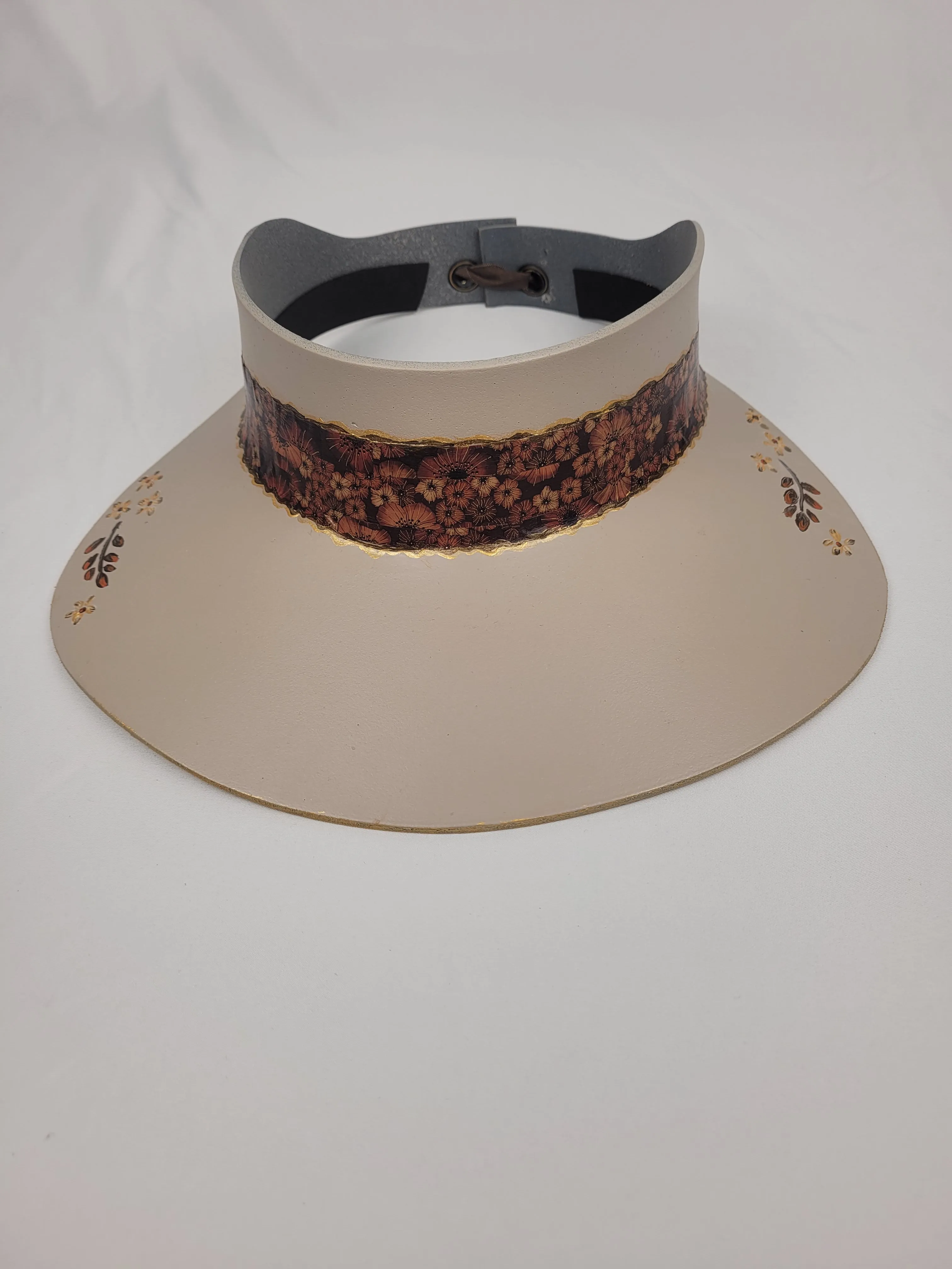 Taupe "LadyEVA" Visor Hat with Rust and Copper Floral Band and Handpainted Floral Motifs