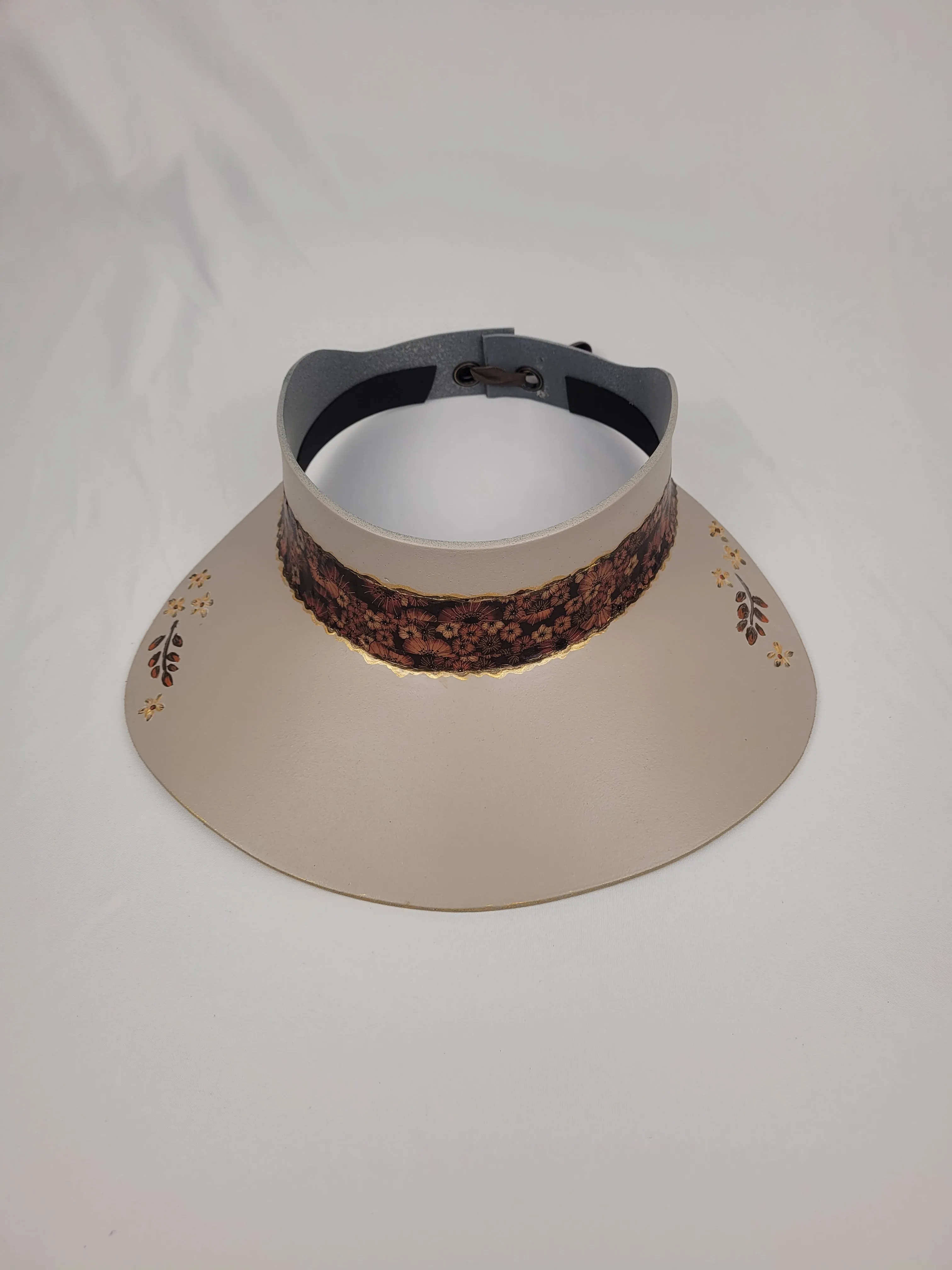 Taupe "LadyEVA" Visor Hat with Rust and Copper Floral Band and Handpainted Floral Motifs