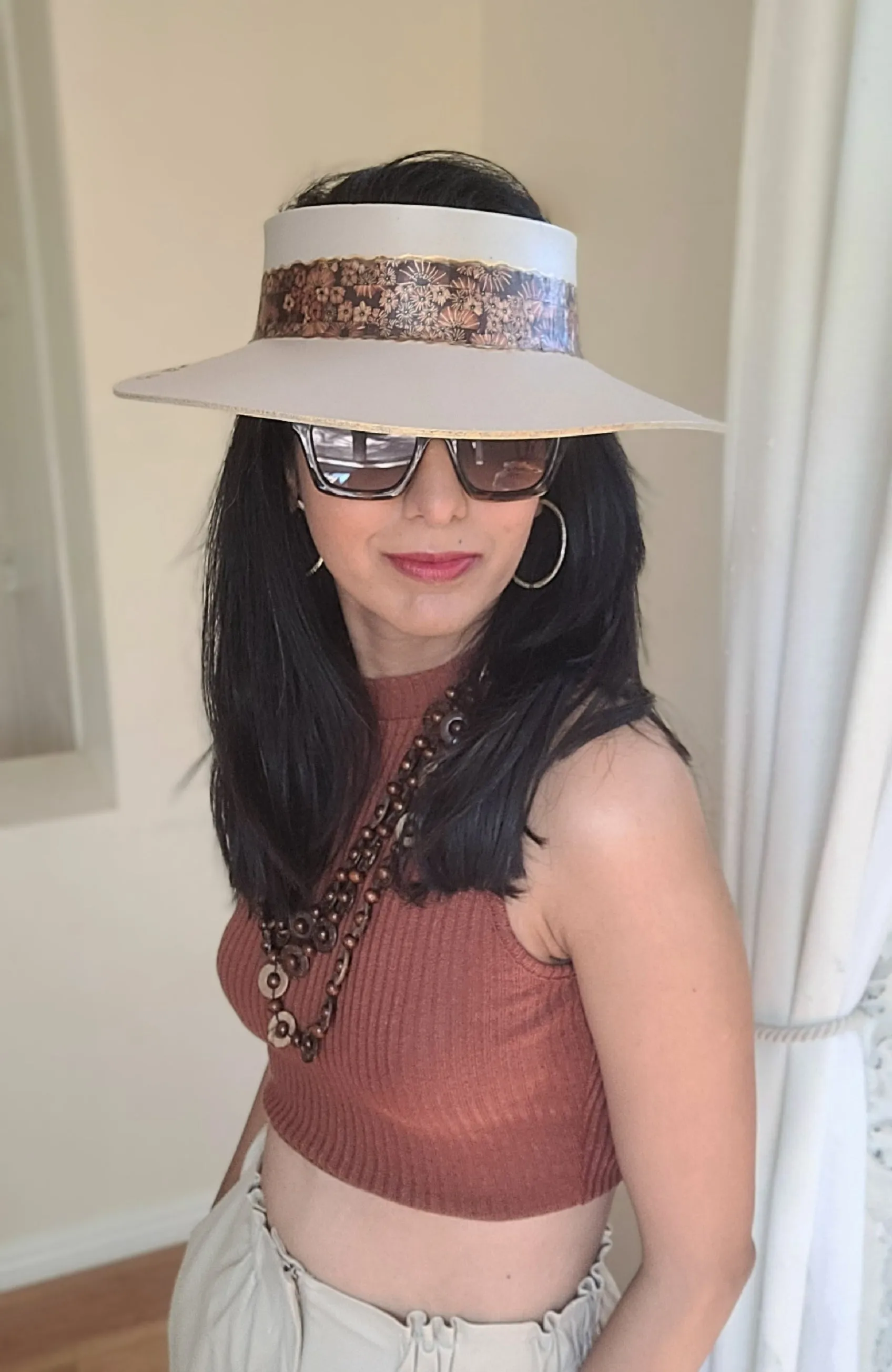 Taupe "LadyEVA" Visor Hat with Rust and Copper Floral Band and Handpainted Floral Motifs