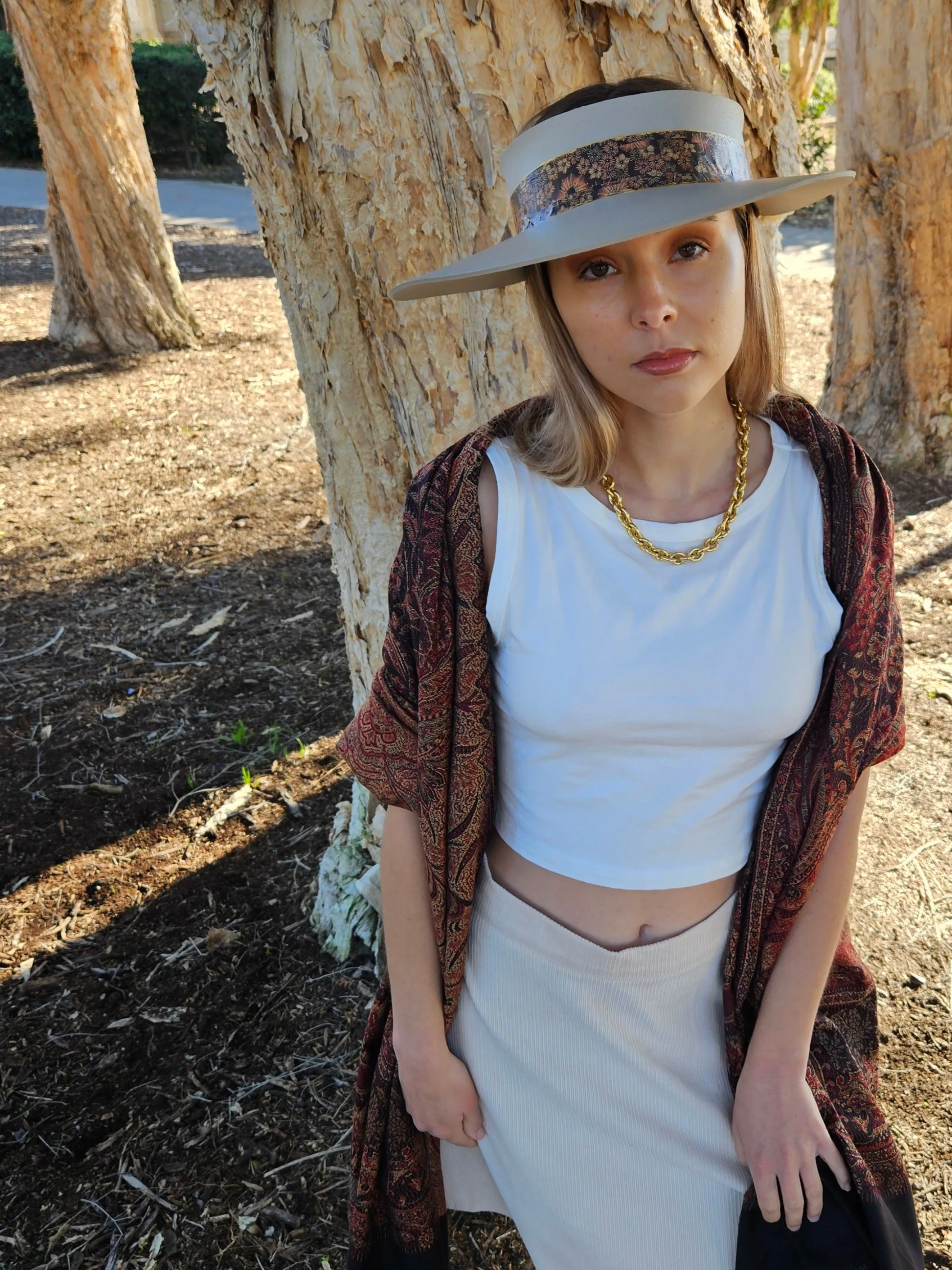 Taupe "LadyEVA" Visor Hat with Warm Brown and Rust Floral Band